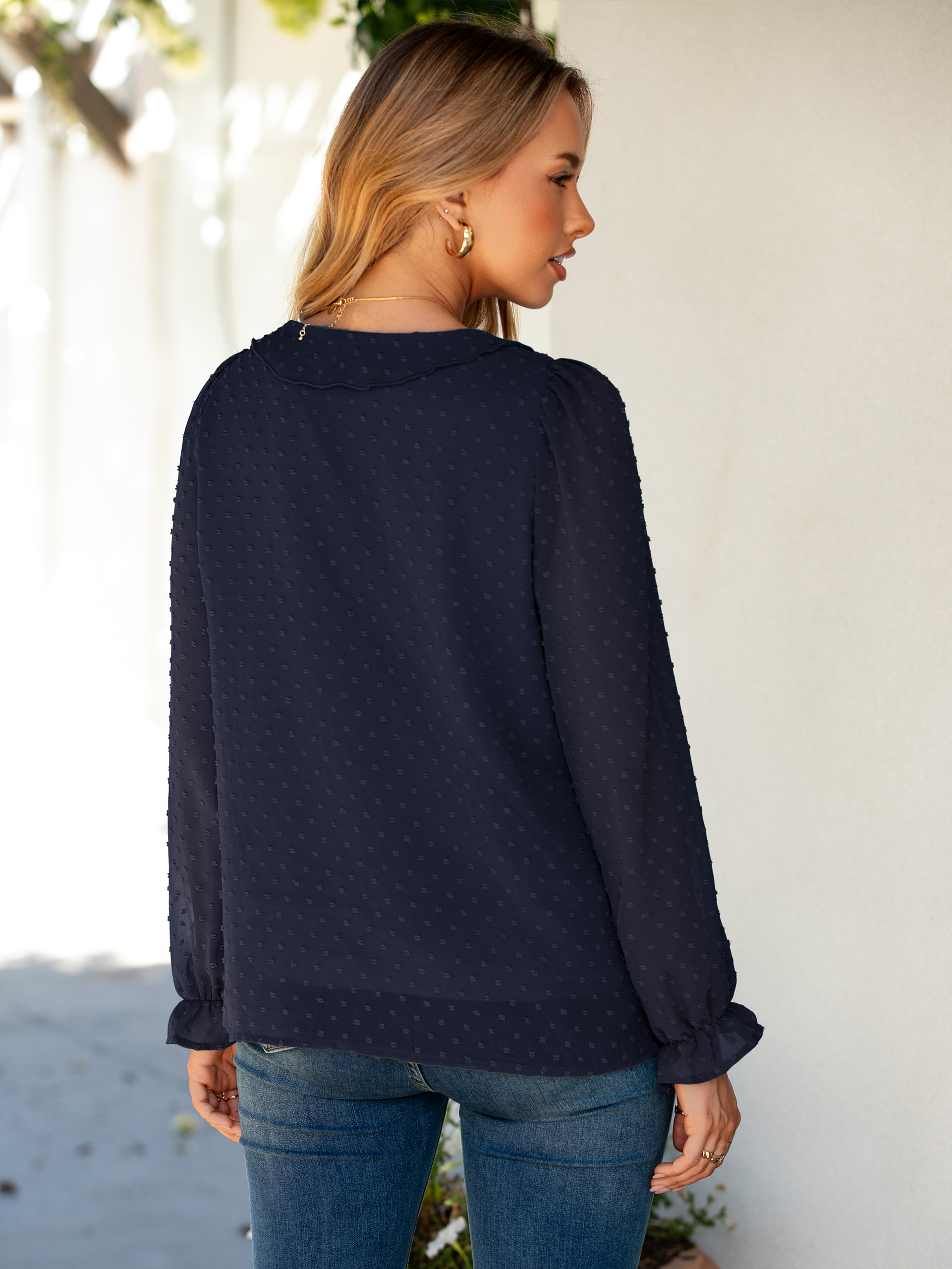 Chiffon V Neck Ruffle Long Sleeve Blouse