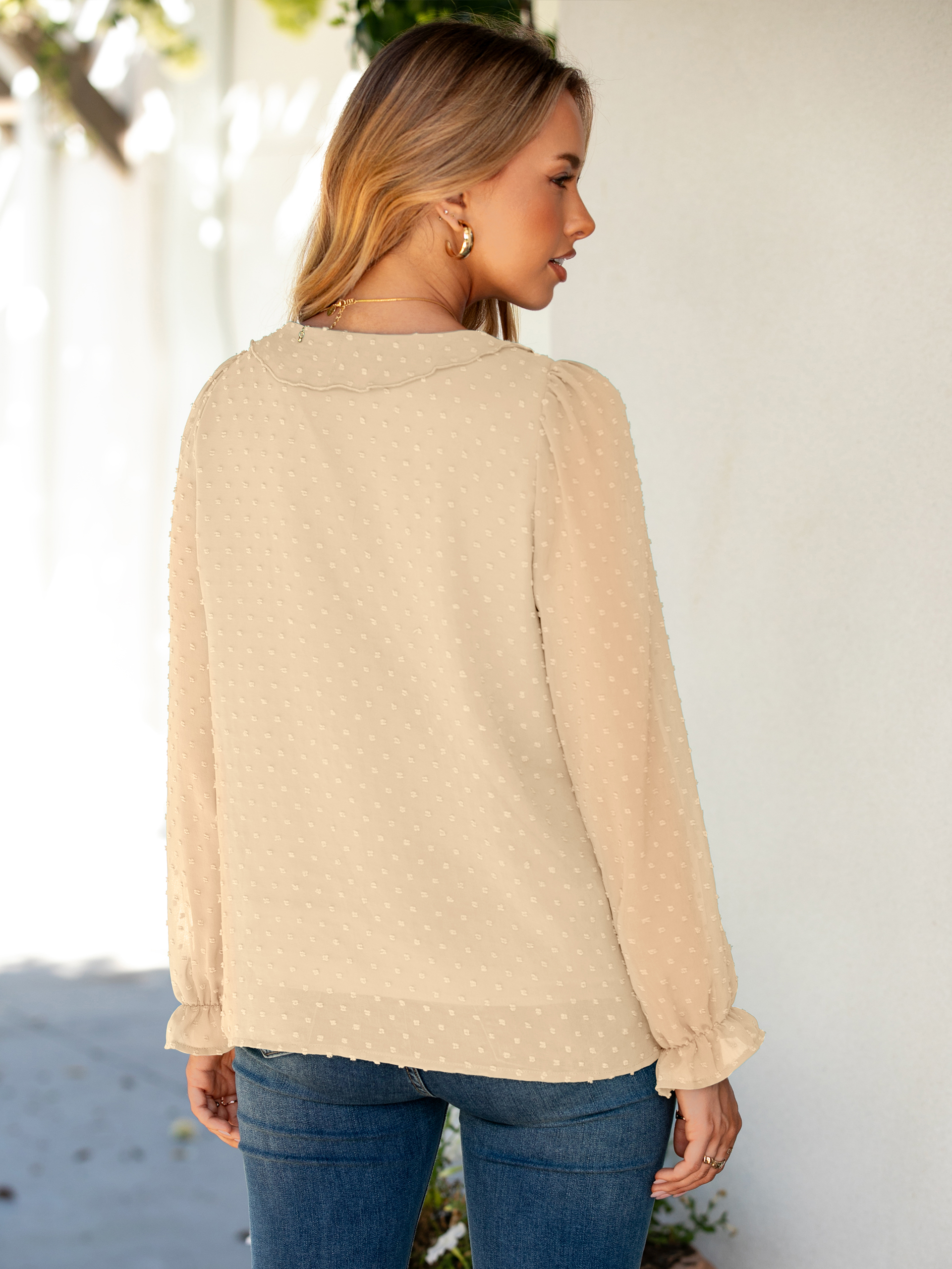 Chiffon V Neck Ruffle Long Sleeve Blouse