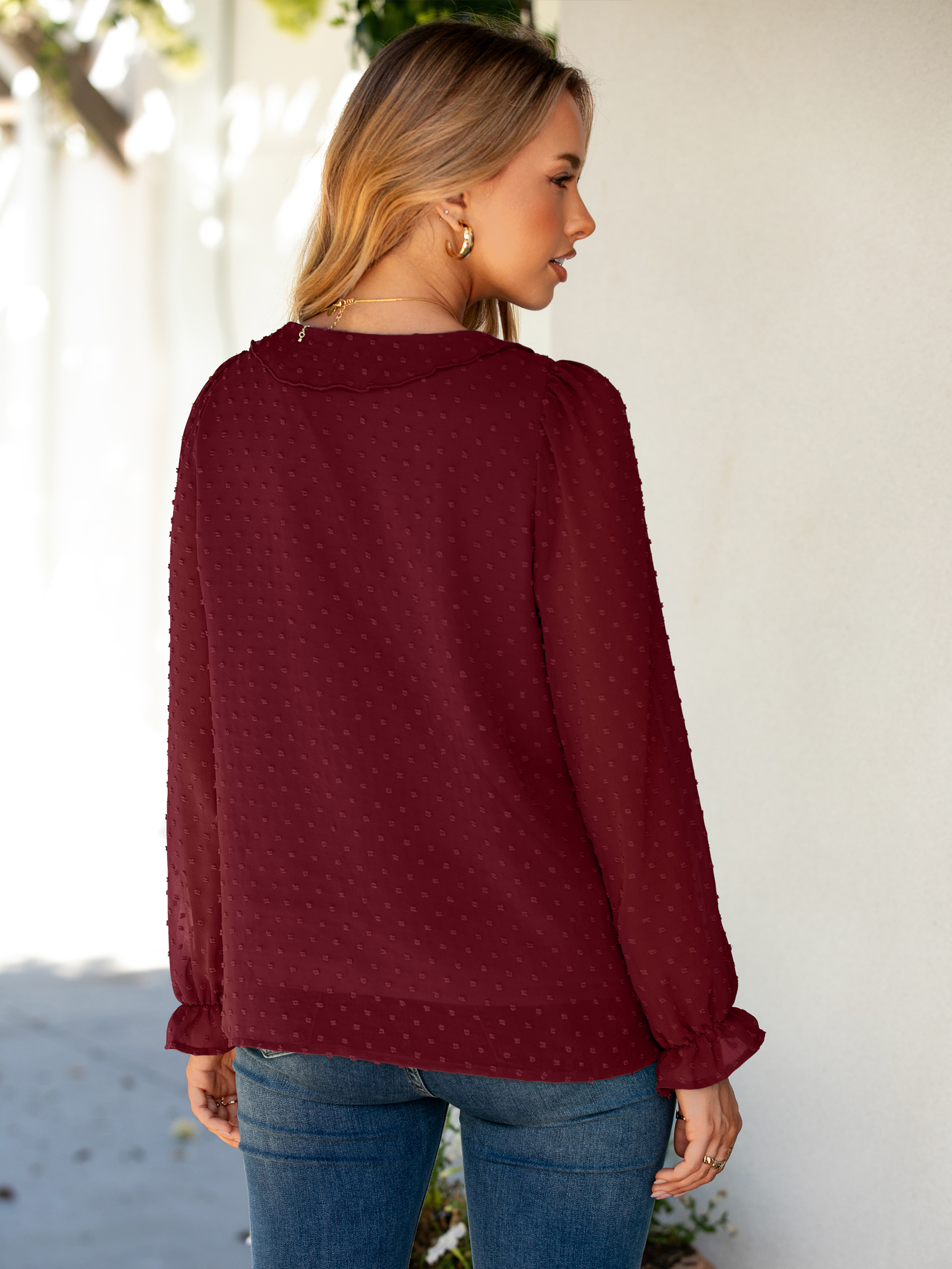 Chiffon V Neck Ruffle Long Sleeve Blouse