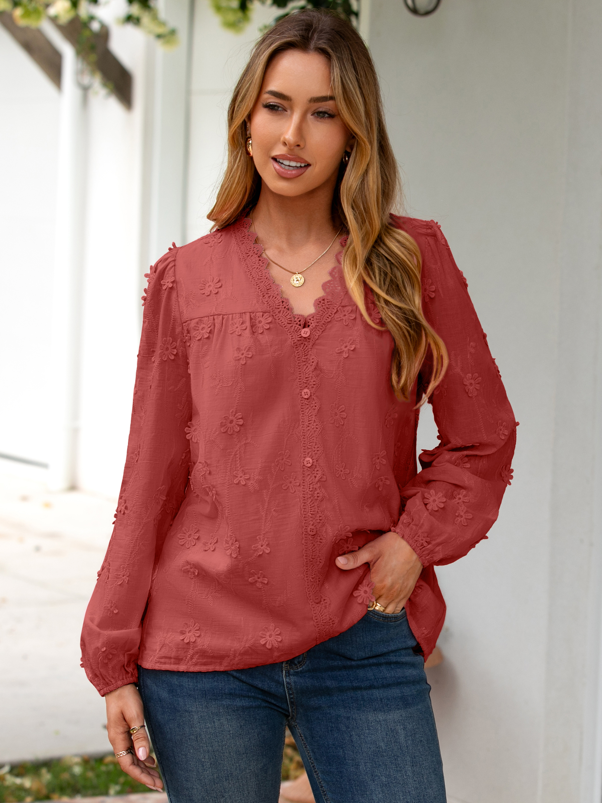 Floral Lace V Neck Embroidered Button Down Blouse - Brick Red