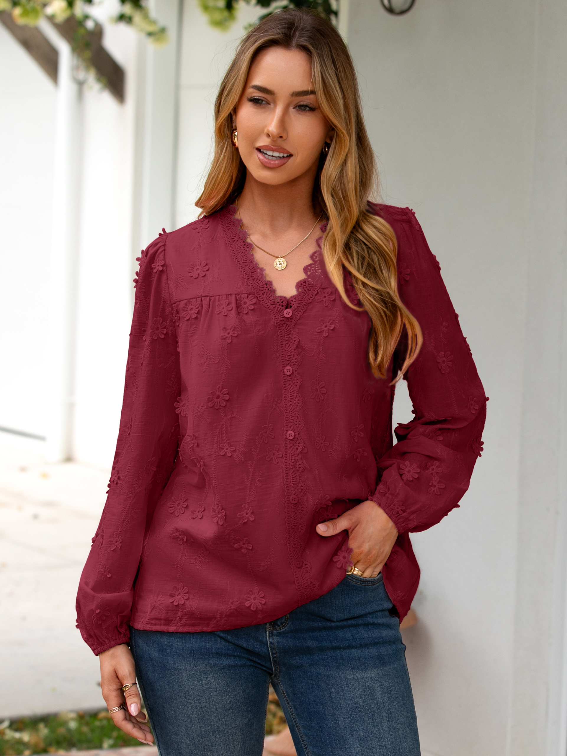 Floral Lace V Neck Embroidered Button Down Blouse - Wine Red