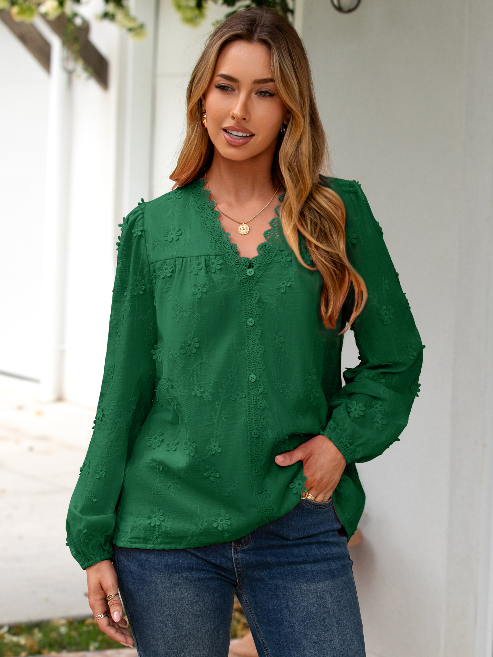 Floral Lace V Neck Embroidered Button Down Blouse - Dark Green