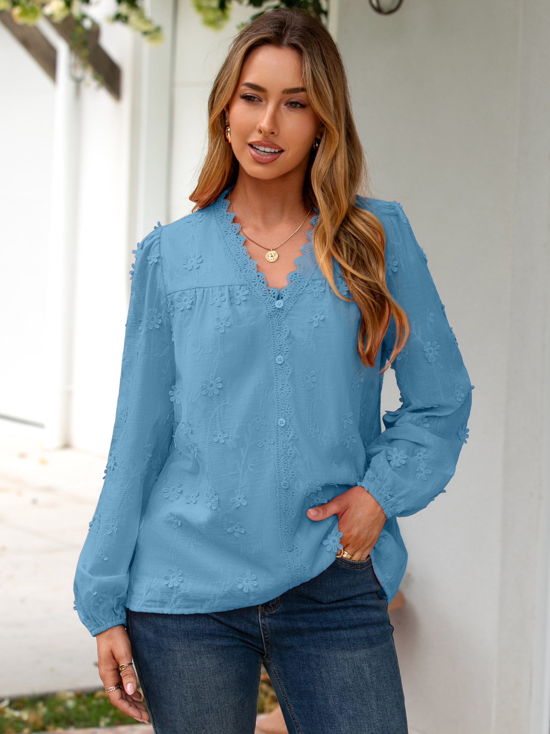 Floral Lace V Neck Embroidered Button Down Blouse - Dusty Blue