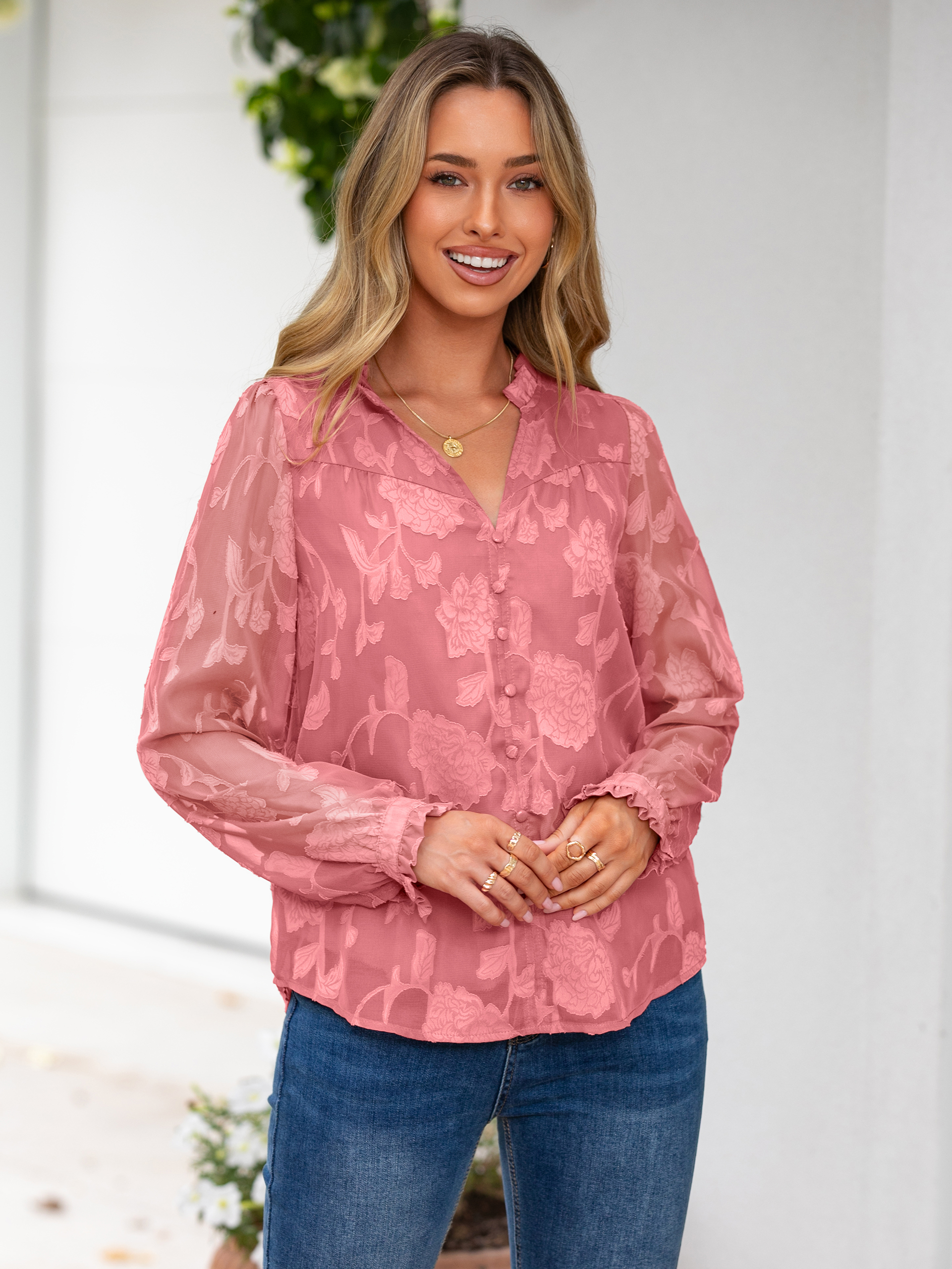 Chiffon Burnout V Neck Long Sleeve Blouse
