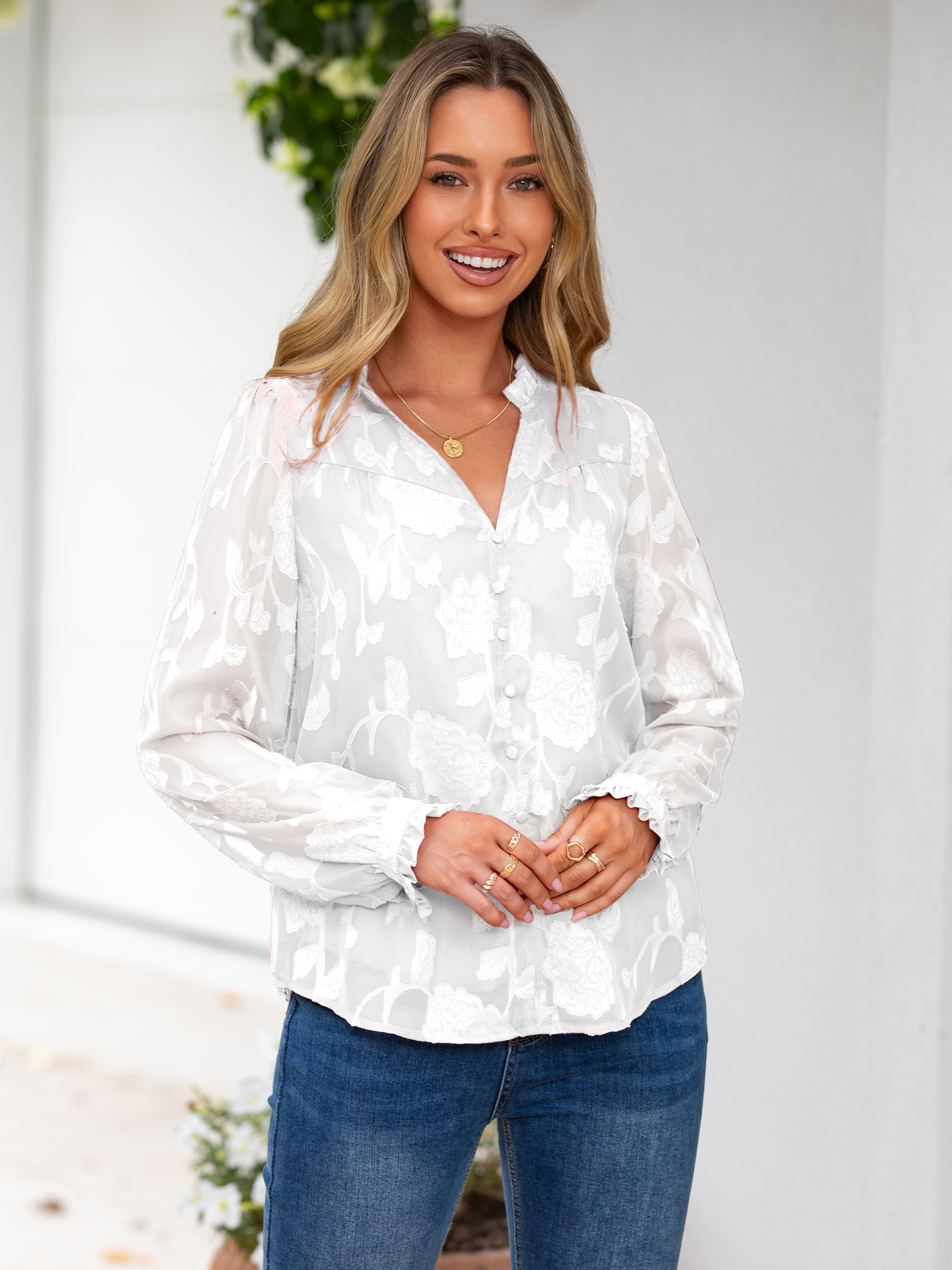 Chiffon Burnout V Neck Long Sleeve Blouse
