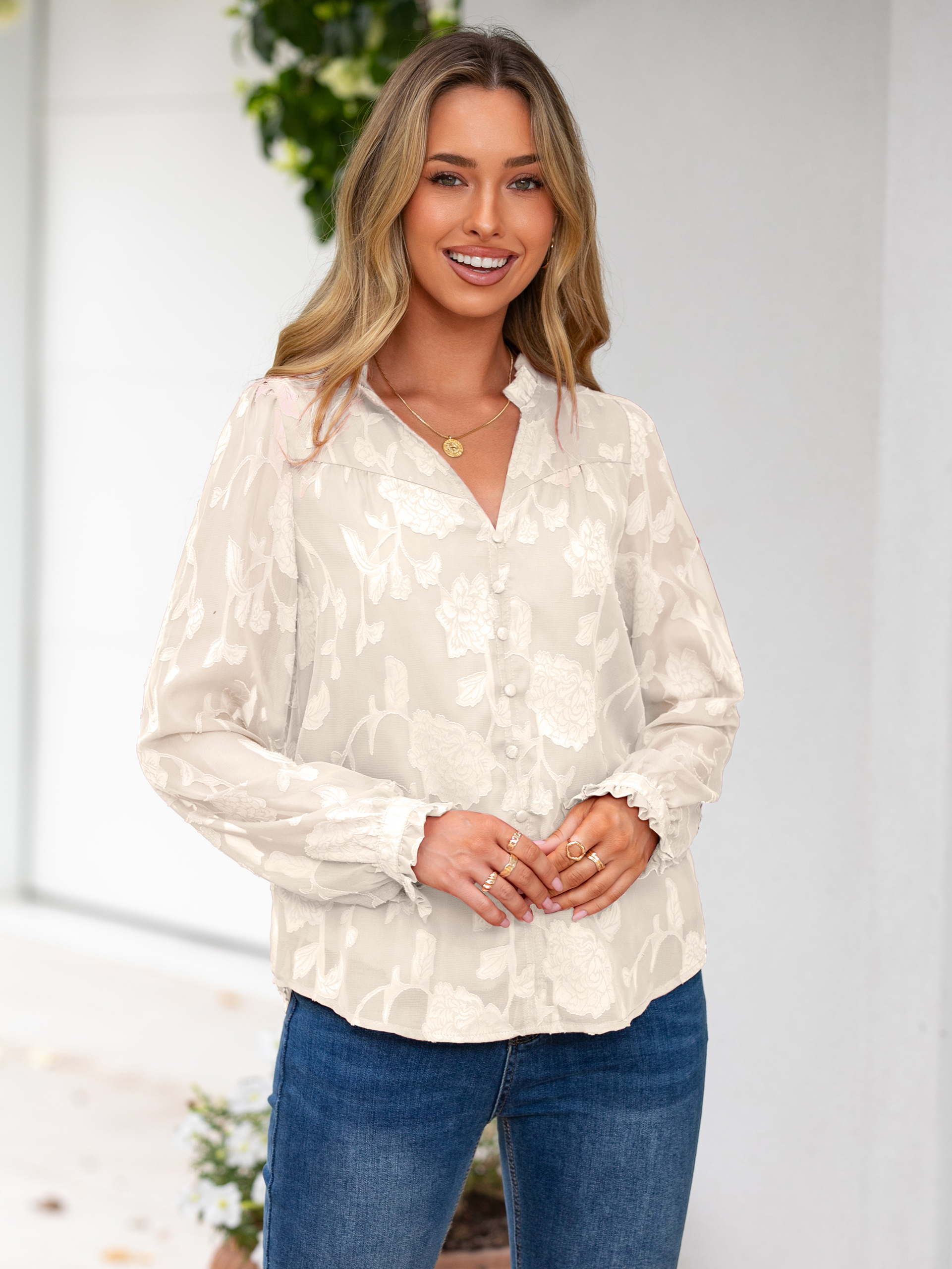 Chiffon Burnout V Neck Long Sleeve Blouse