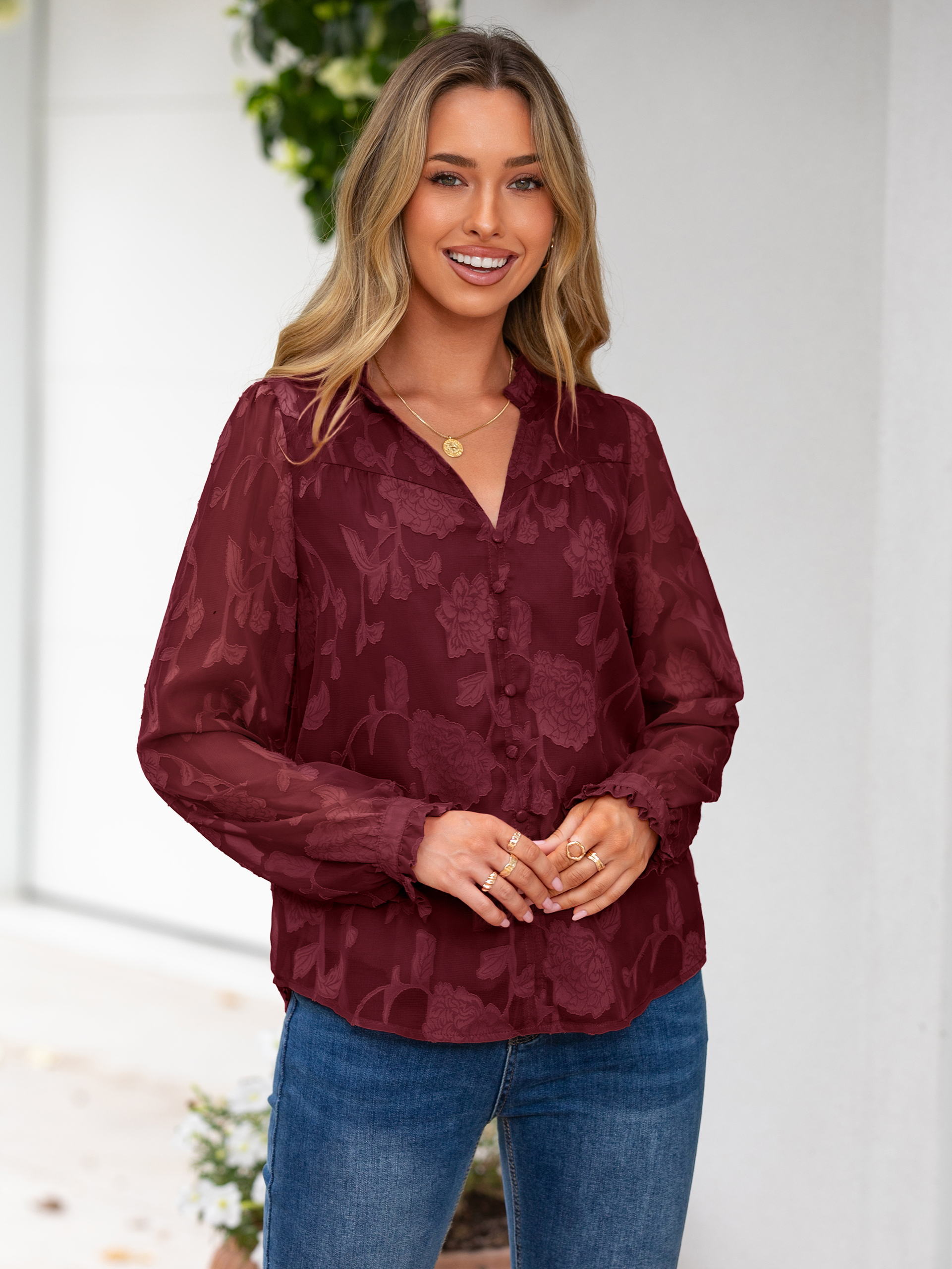 Chiffon Burnout V Neck Long Sleeve Blouse