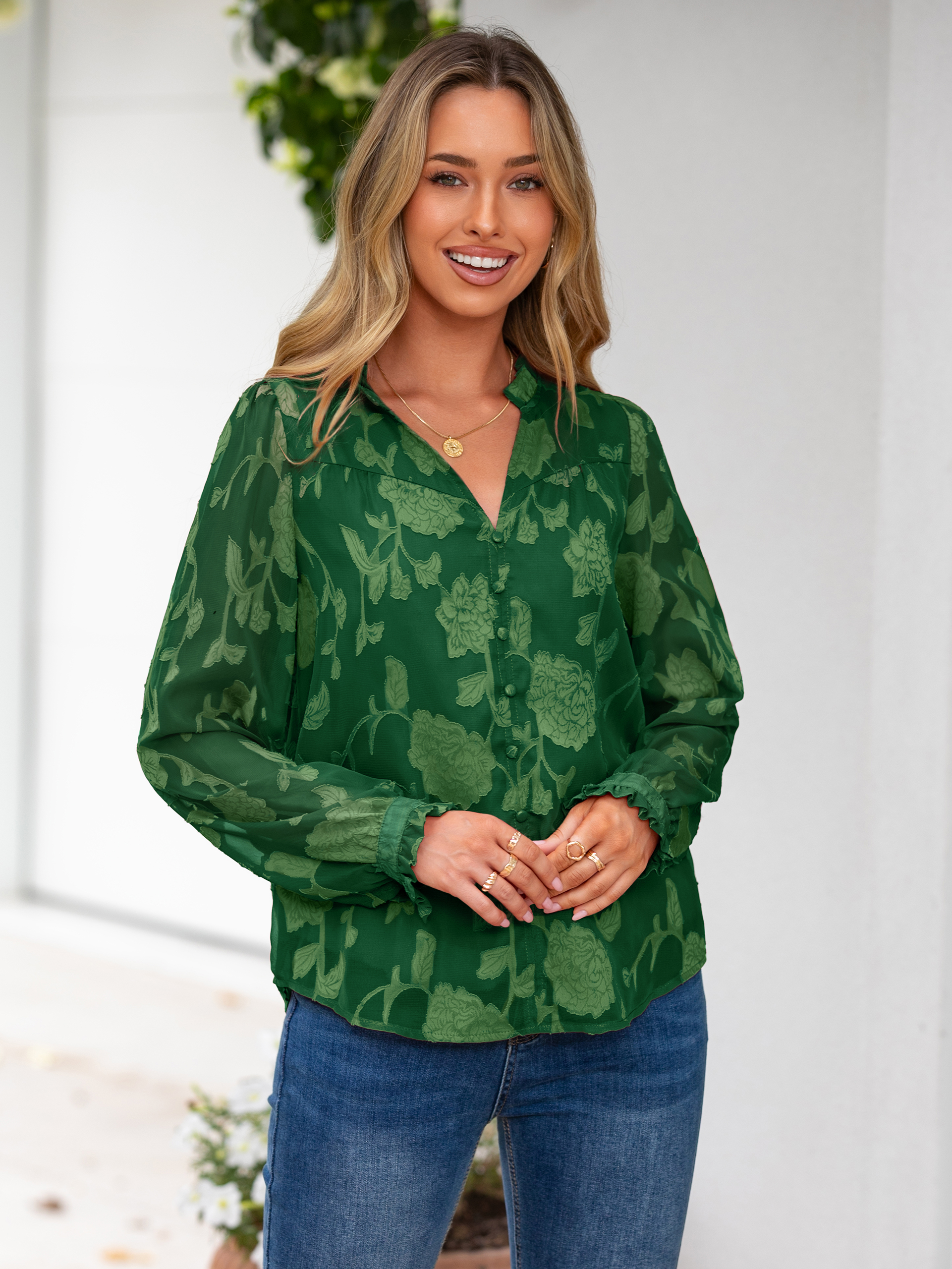 Chiffon Burnout V Neck Long Sleeve Blouse