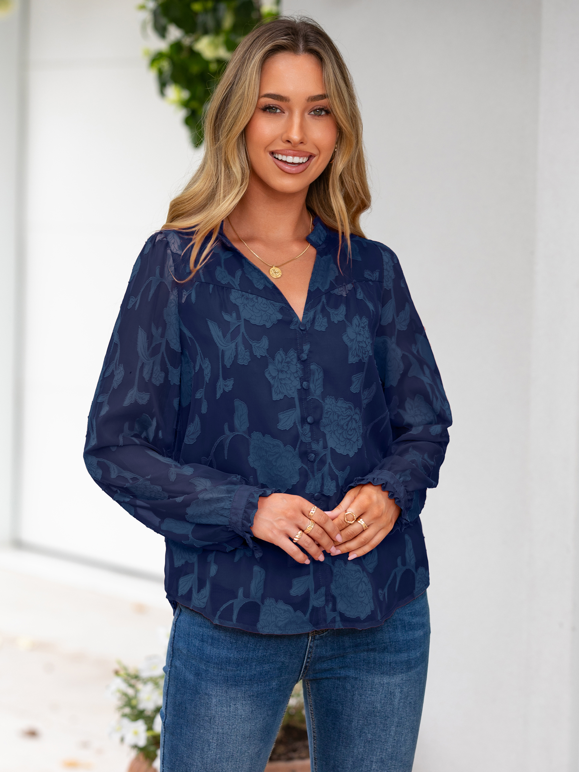 Chiffon Burnout V Neck Long Sleeve Blouse