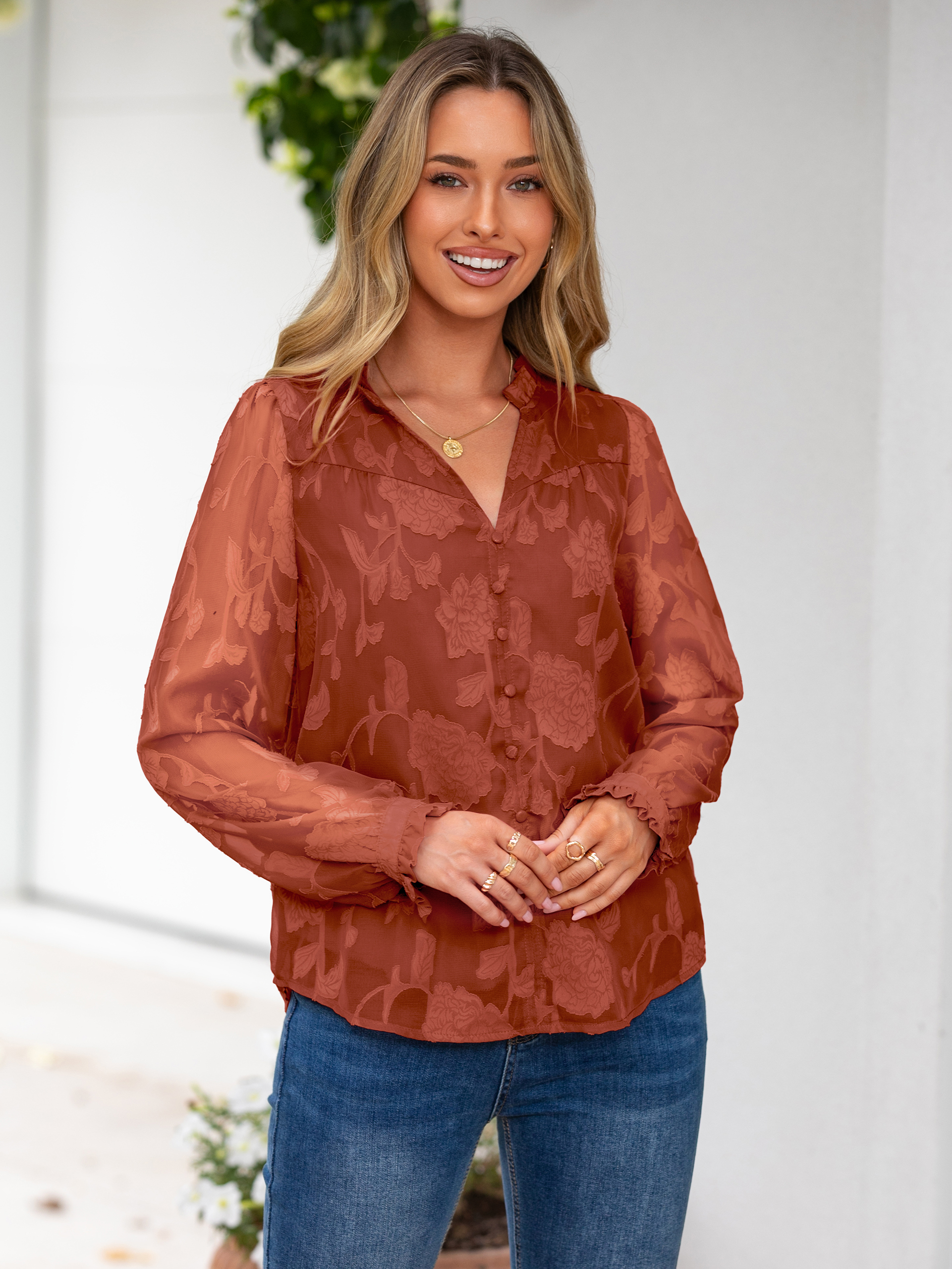 Chiffon Burnout V Neck Long Sleeve Blouse