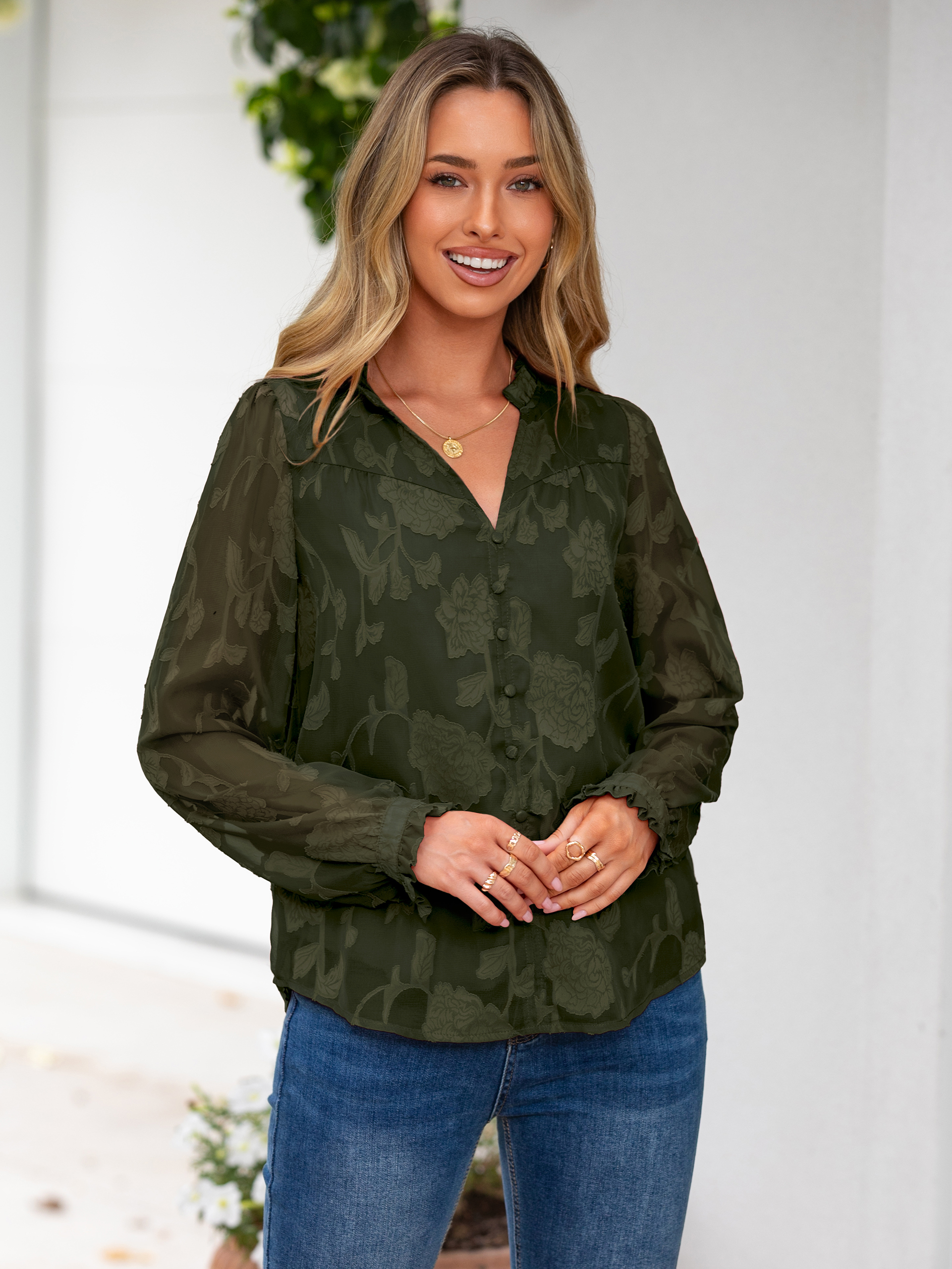 Chiffon Burnout V Neck Long Sleeve Blouse