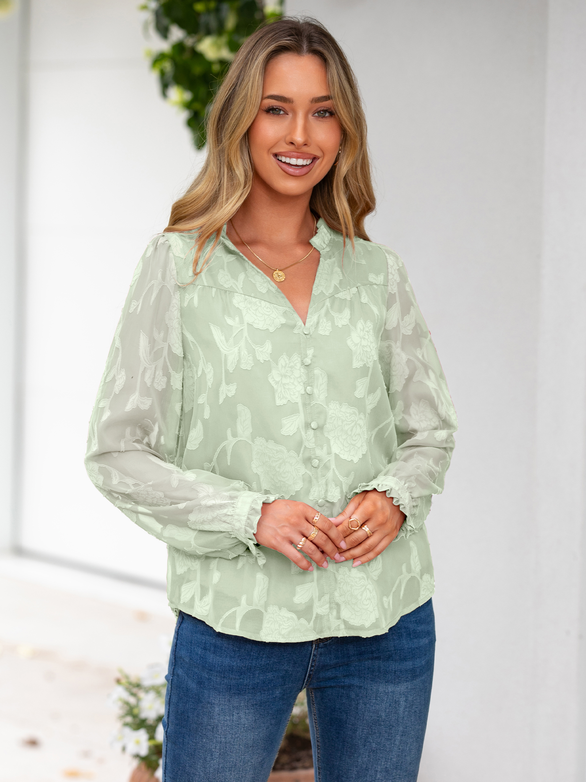 Chiffon Burnout V Neck Long Sleeve Blouse