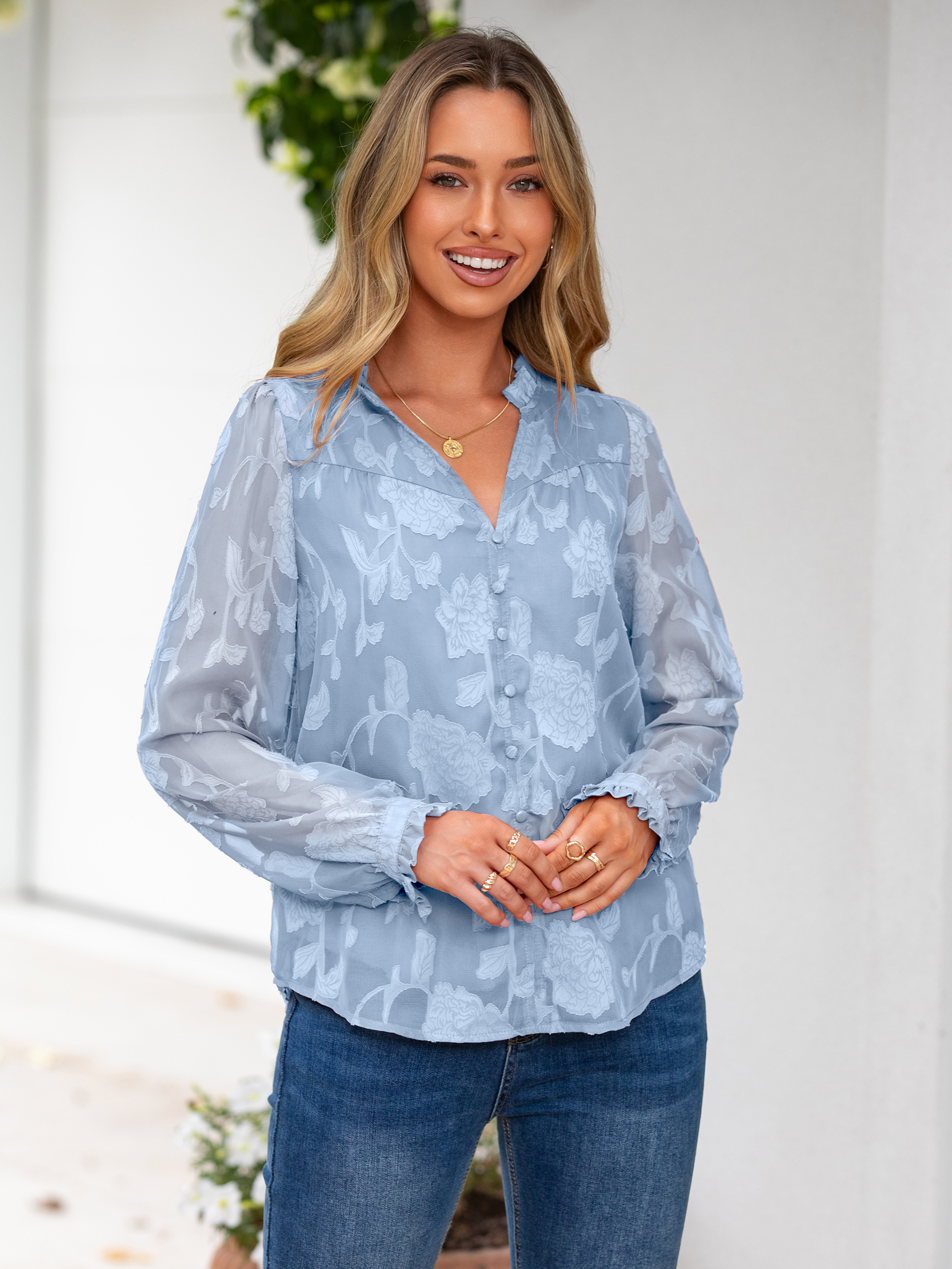Chiffon Burnout V Neck Long Sleeve Blouse