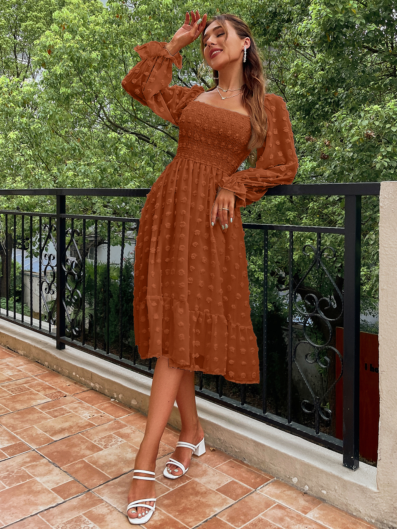 Square Neck Swiss Dot Long Sleeve Shirred Midi Dress - Orange