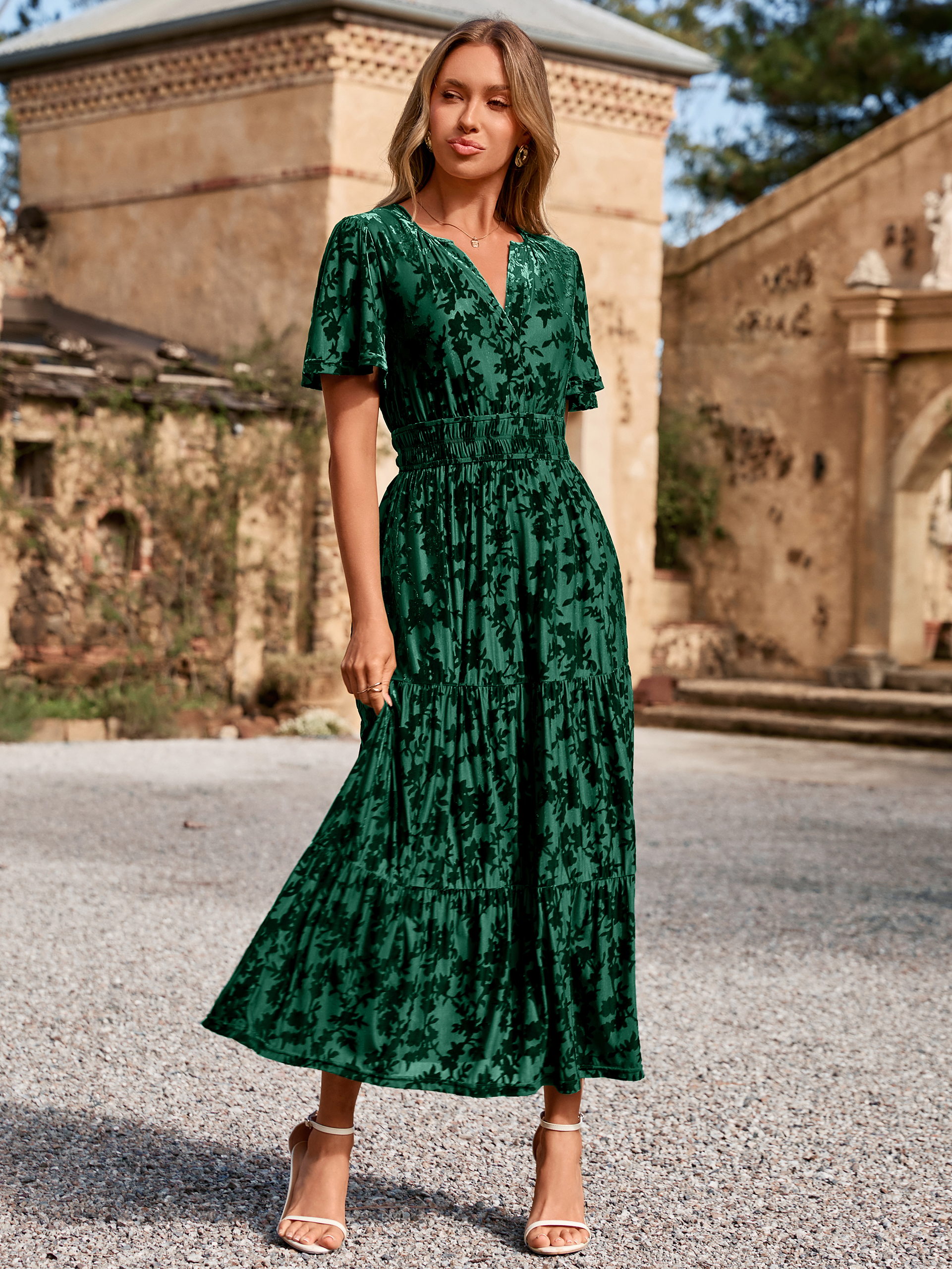 Velvet Print V-Neck Empire Tiered Ruffle Maxi Dress