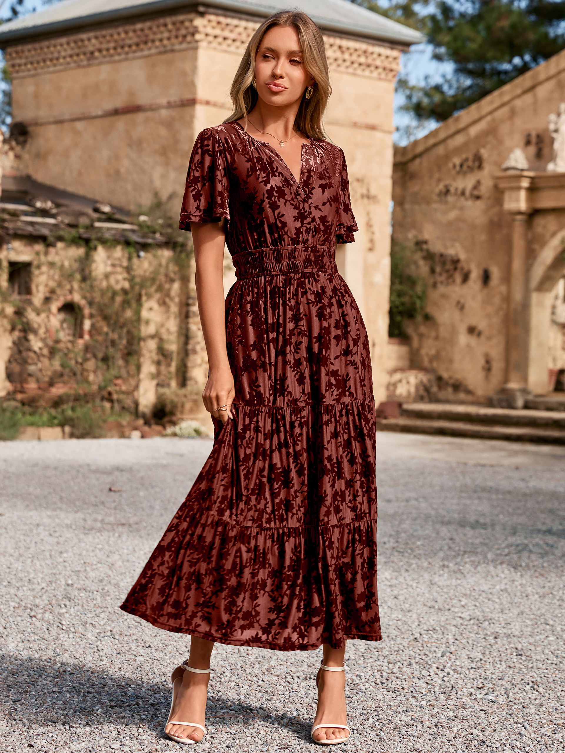 Velvet Print V-Neck Empire Tiered Ruffle Maxi Dress