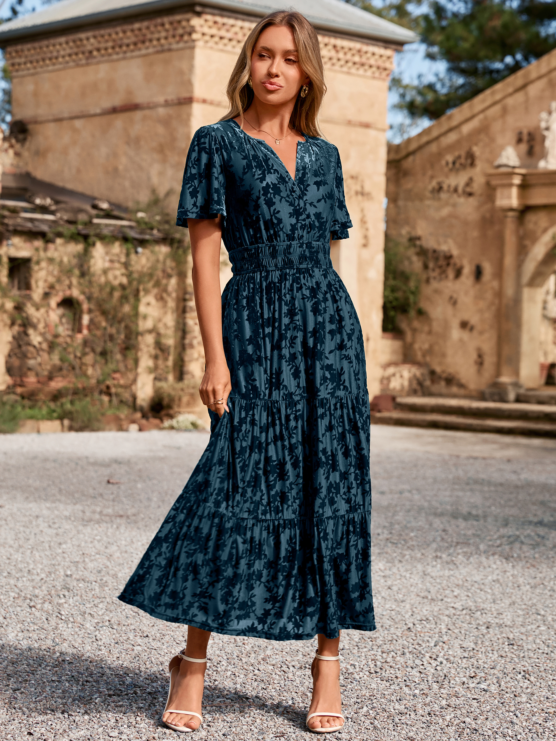 Velvet Print V-Neck Empire Tiered Ruffle Maxi Dress