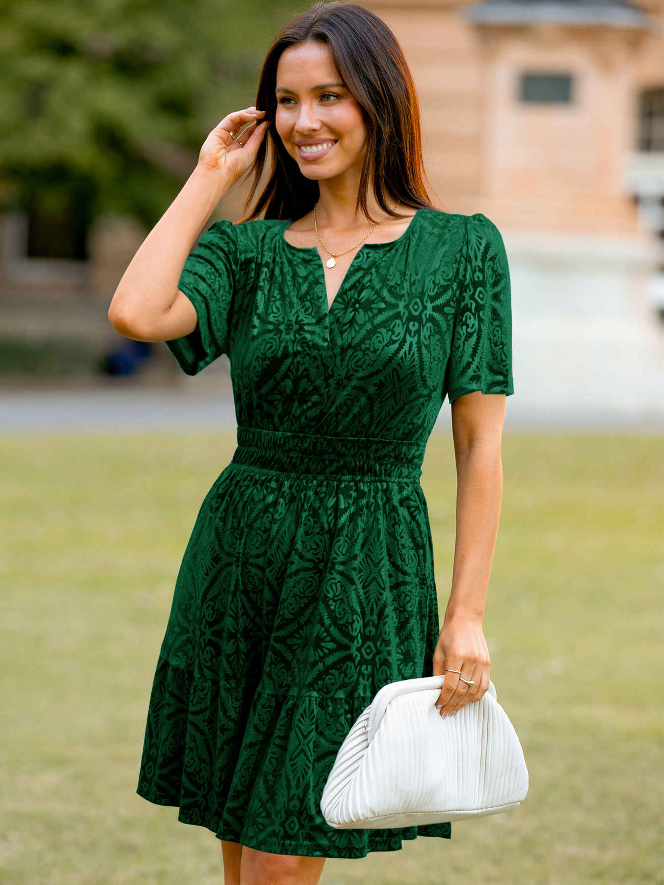 Floral V Neck Smocked Waist Ruffle Velvet Dress