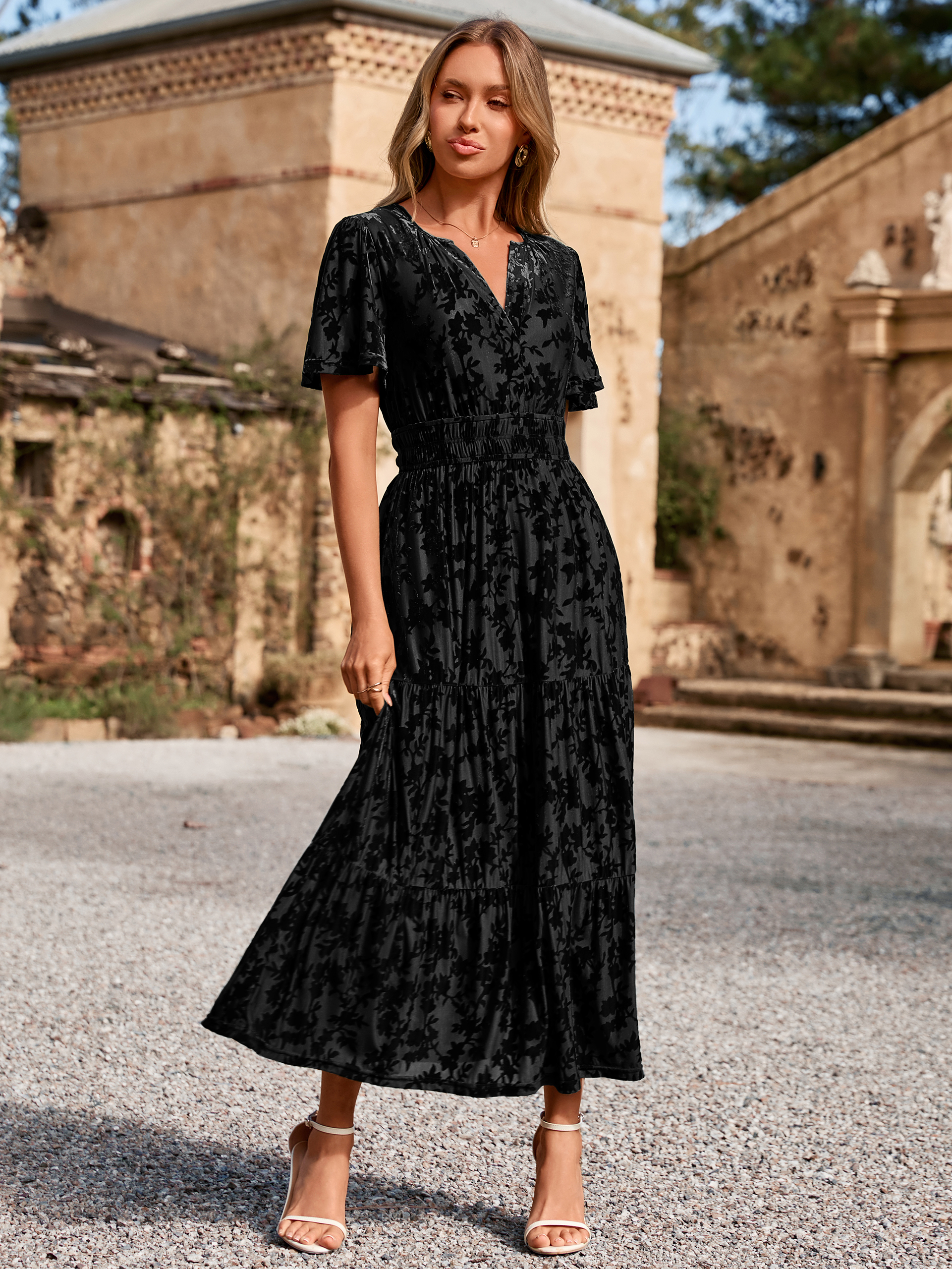 Velvet Print V-Neck Empire Tiered Ruffle Maxi Dress