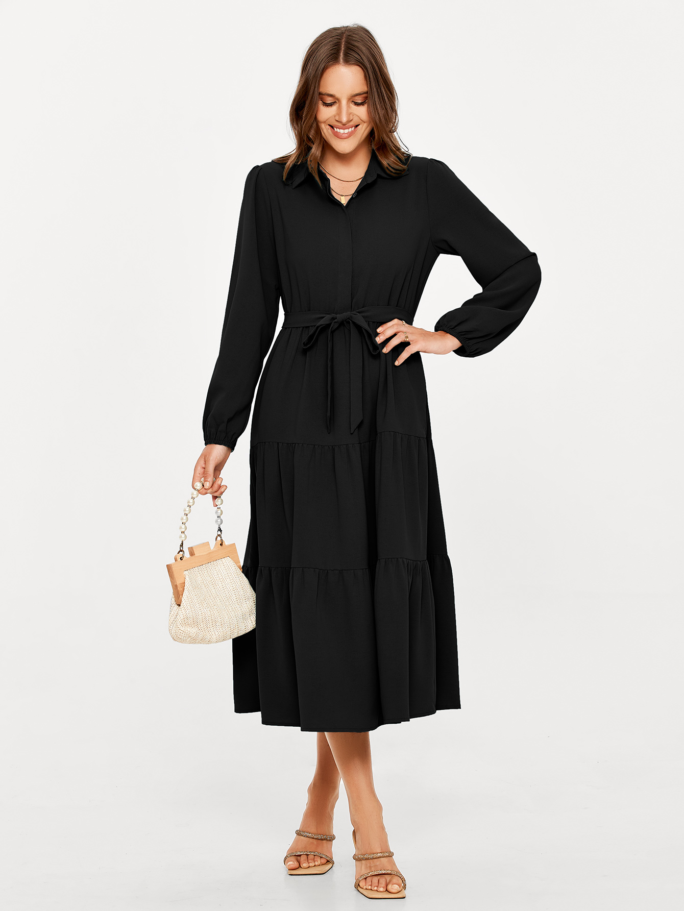 Button Up Lantern Sleeve Flowy Maxi Dress