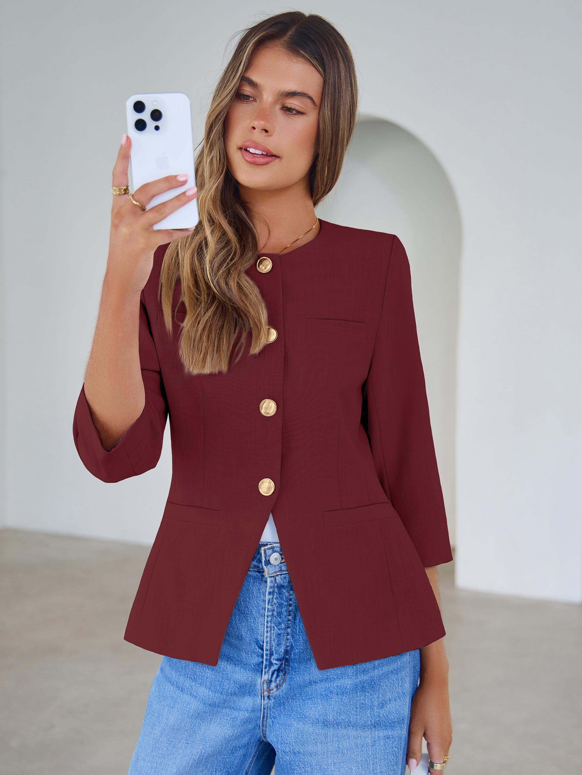 Round Neck Gold Button 3/4 Sleeve Peplum Blazer