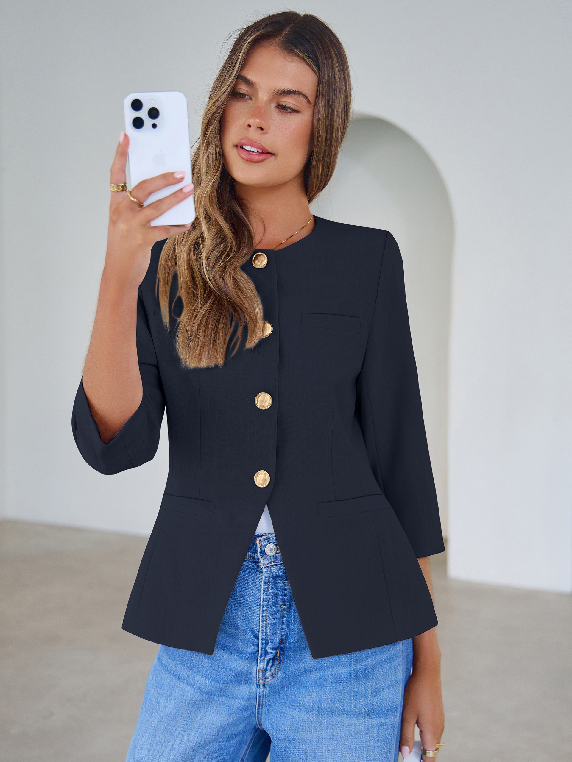 Round Neck Gold Button 3/4 Sleeve Peplum Blazer