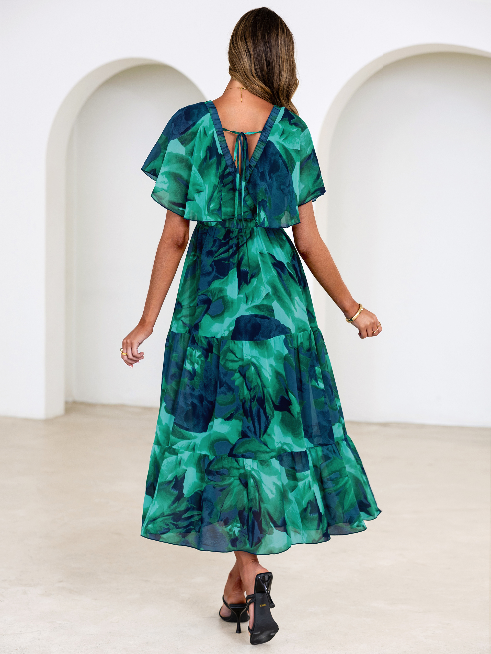 Floral V Neck Ruffle Sleeve Backless Maxi Dress