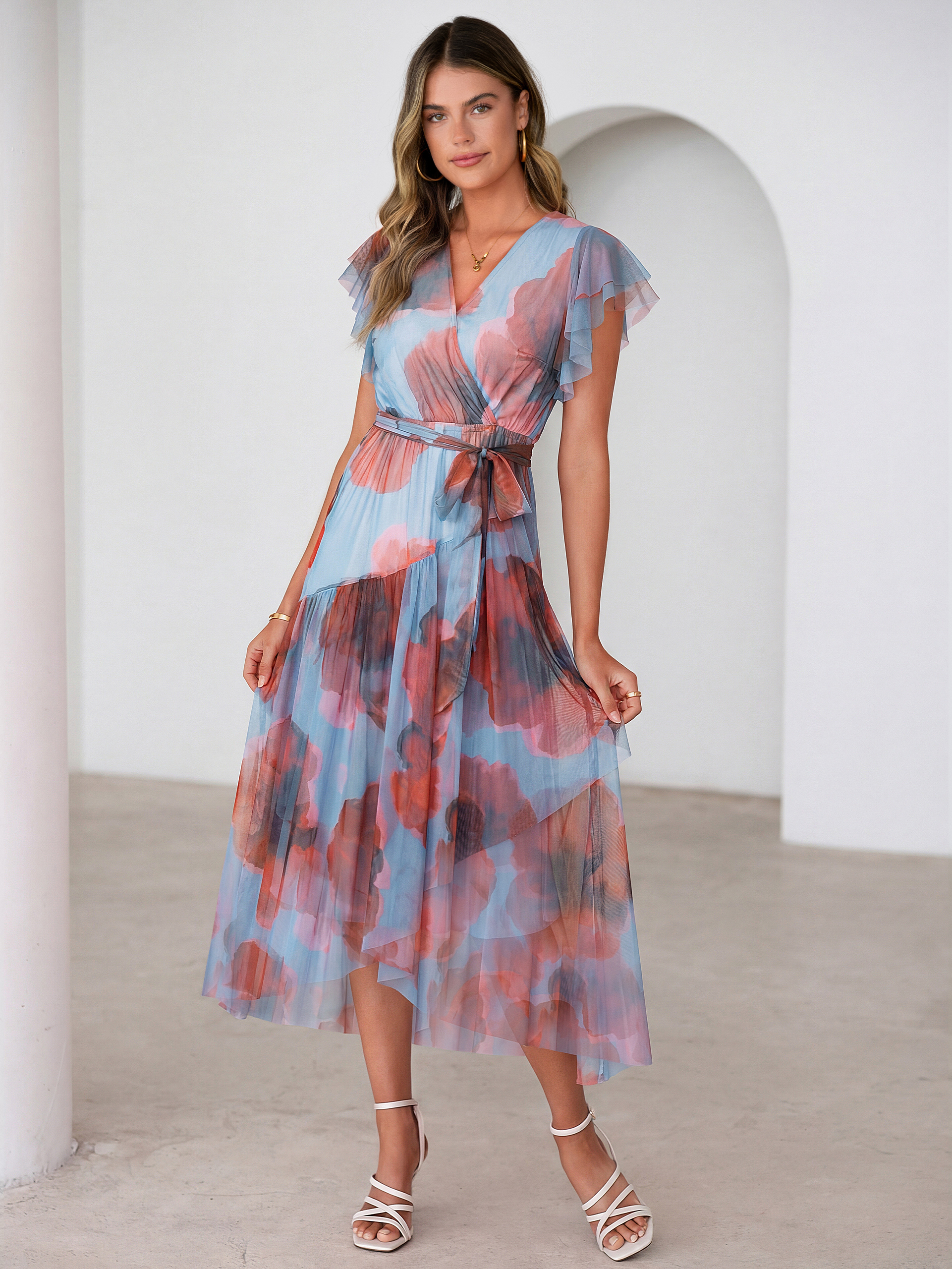 Floral V Neck Flutter Sleeve Flowy Maxi Dress