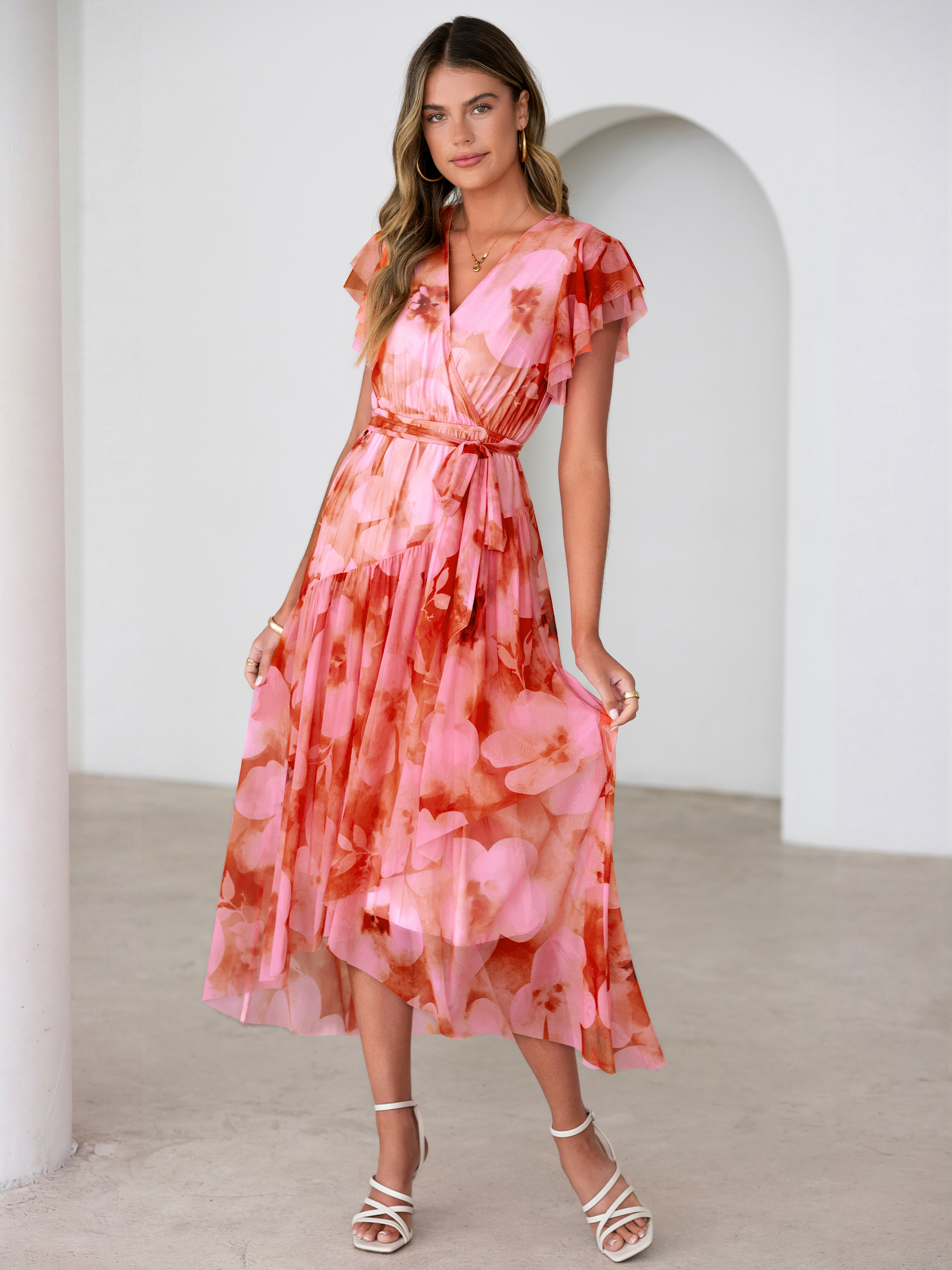 Floral V Neck Flutter Sleeve Flowy Maxi Dress