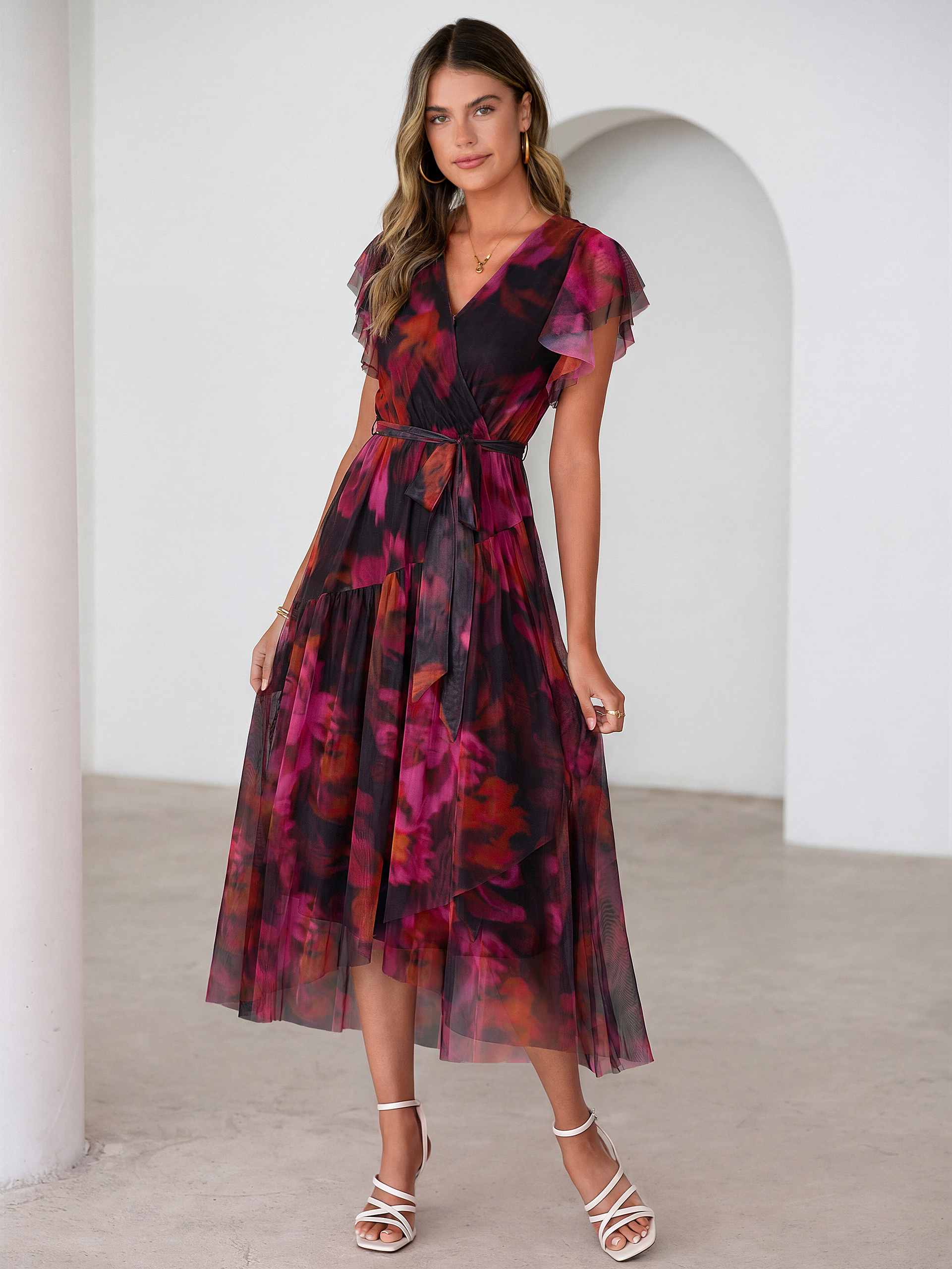 Floral V Neck Flutter Sleeve Flowy Maxi Dress