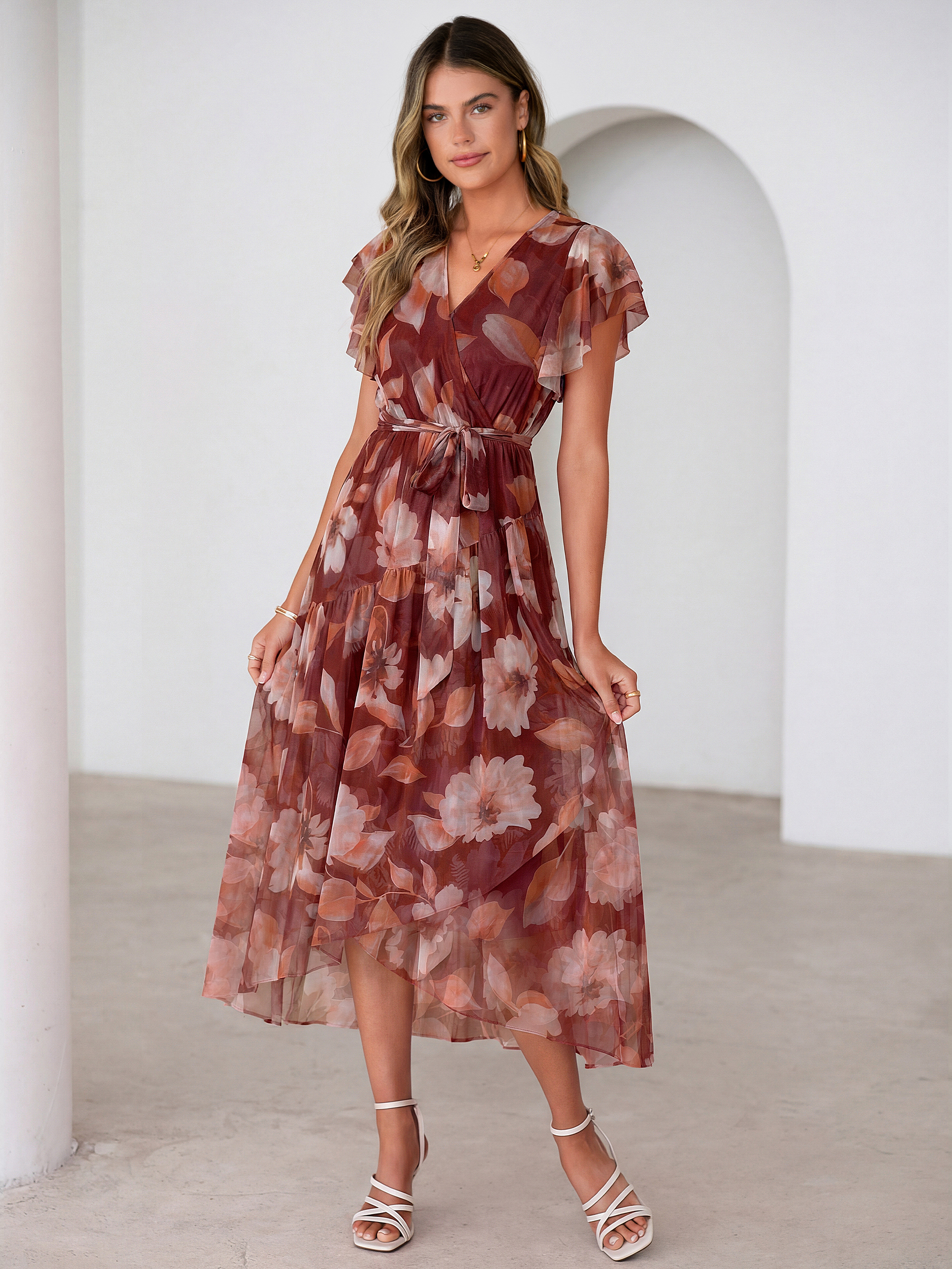 Floral V Neck Flutter Sleeve Flowy Maxi Dress