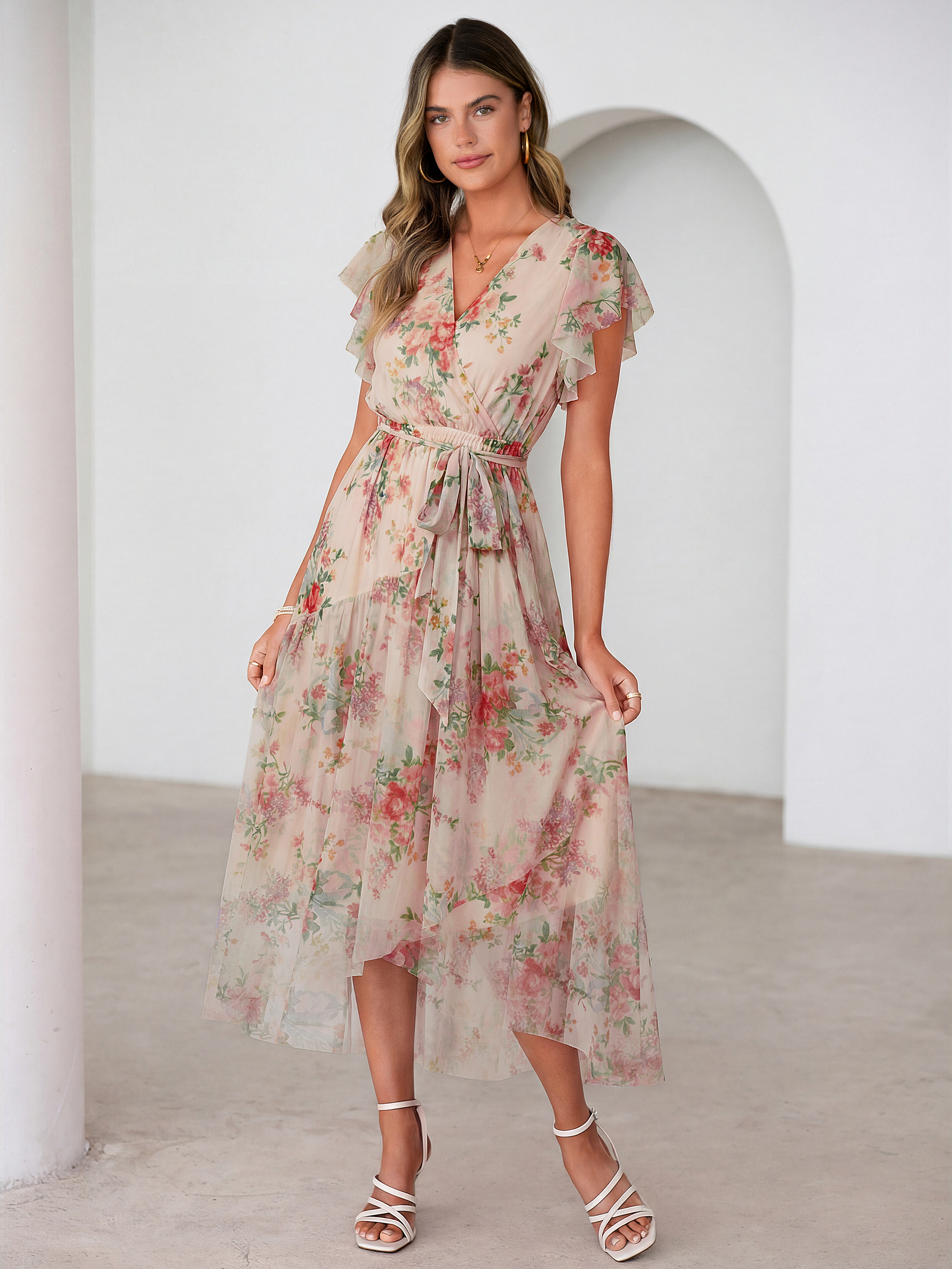 Floral V Neck Flutter Sleeve Flowy Maxi Dress