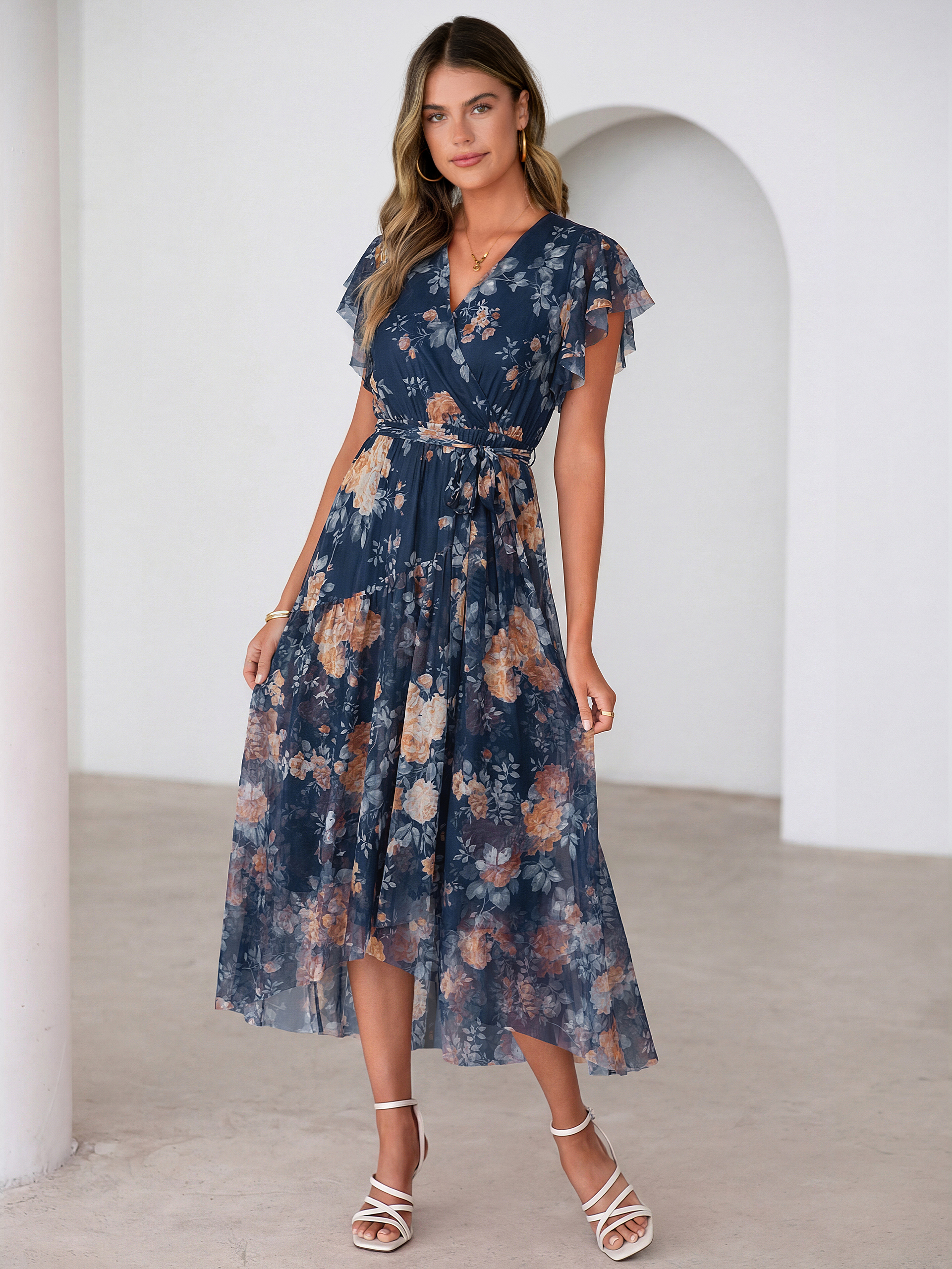 Floral V Neck Flutter Sleeve Flowy Maxi Dress