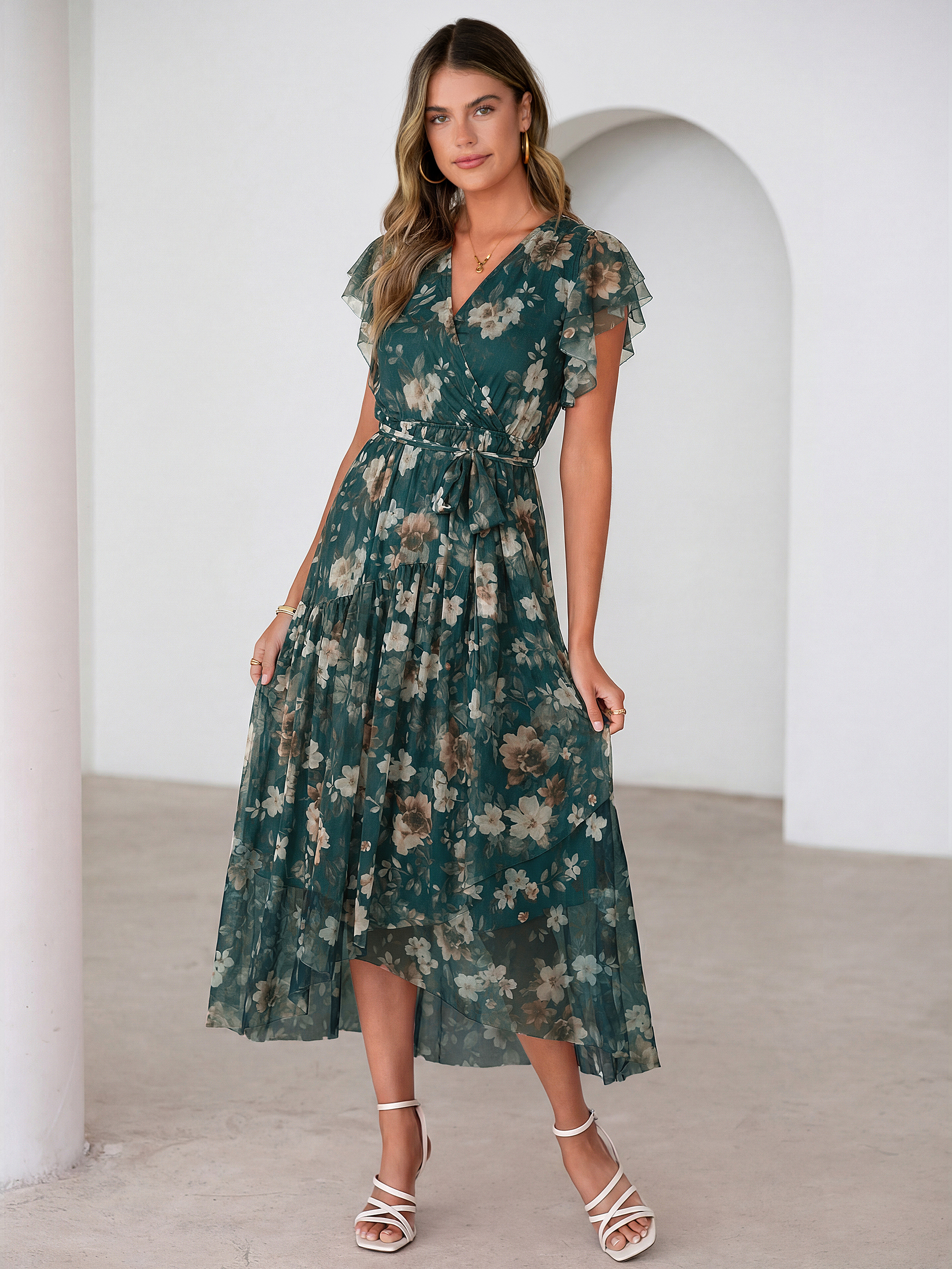Floral V Neck Flutter Sleeve Flowy Maxi Dress