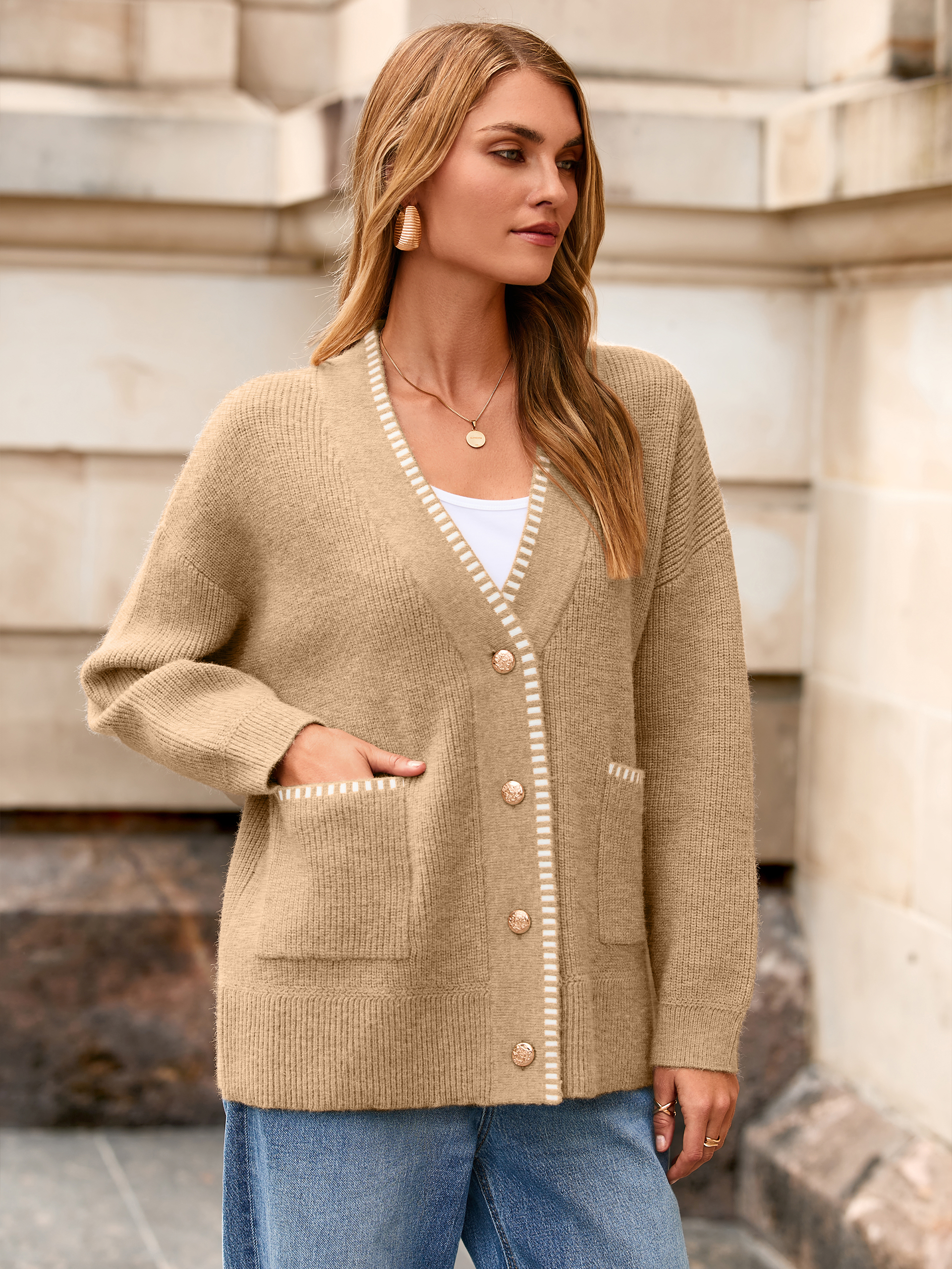 V-Neck Button Up Chunky Oversized Crochet Cardigan