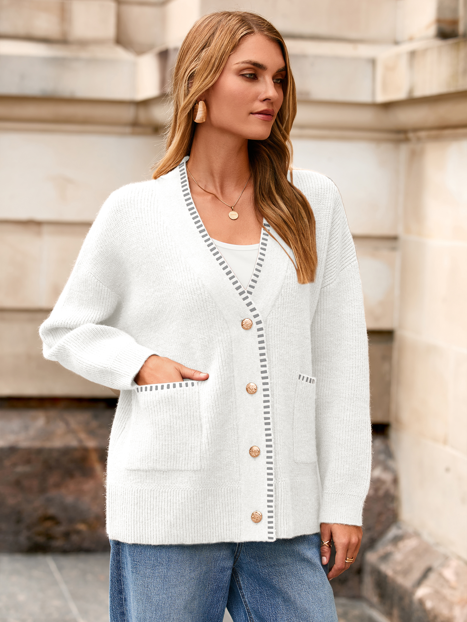 V-Neck Button Up Chunky Oversized Crochet Cardigan