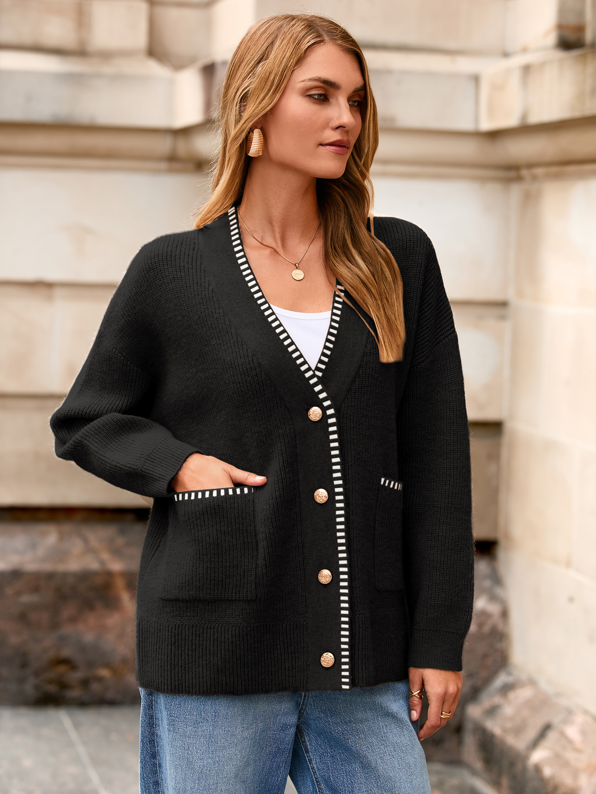 V-Neck Button Up Chunky Oversized Crochet Cardigan