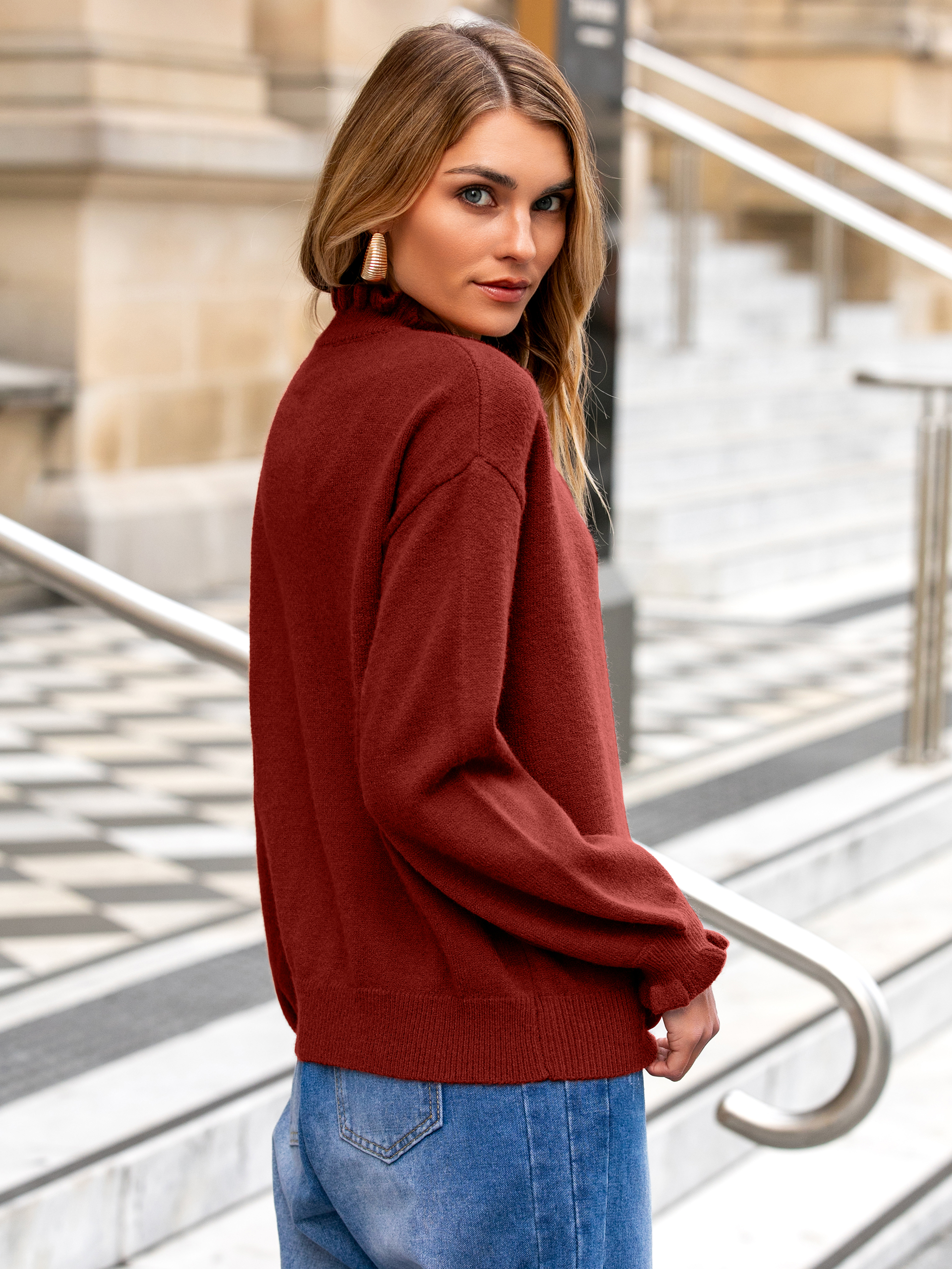 Ruffled Collar Mock Neck Button Cardigan