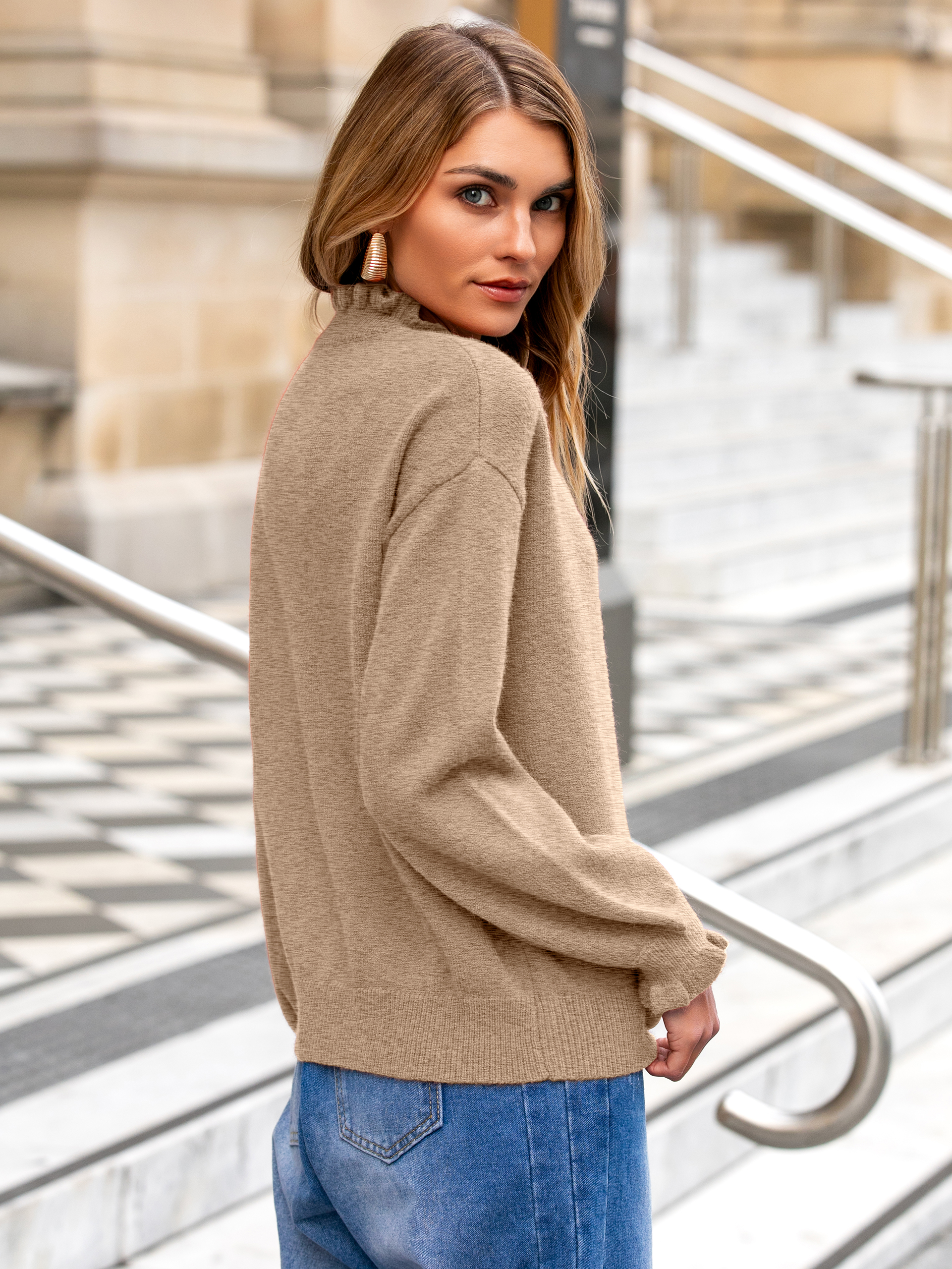 Ruffled Collar Mock Neck Button Cardigan