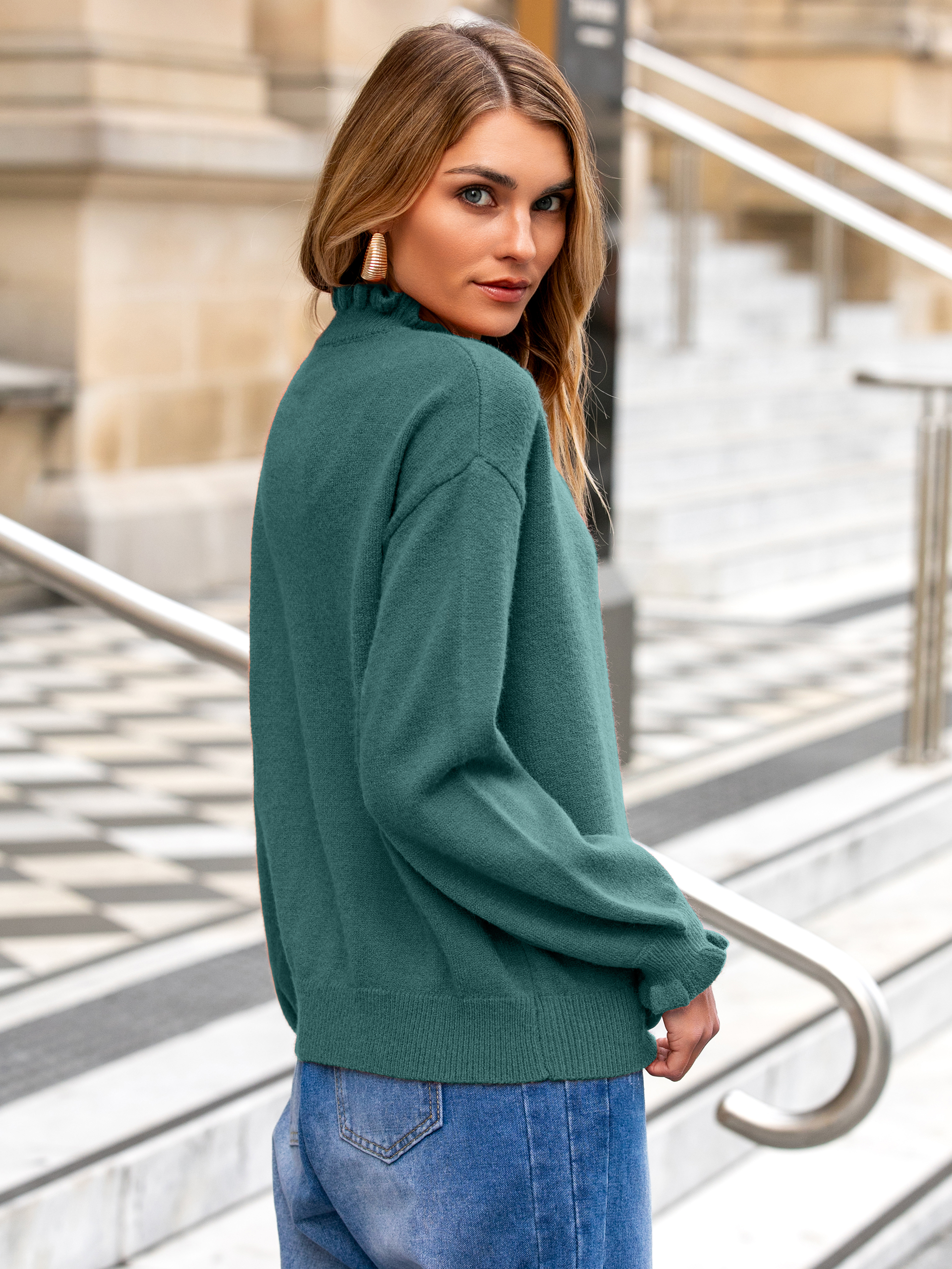 Ruffled Collar Mock Neck Button Cardigan