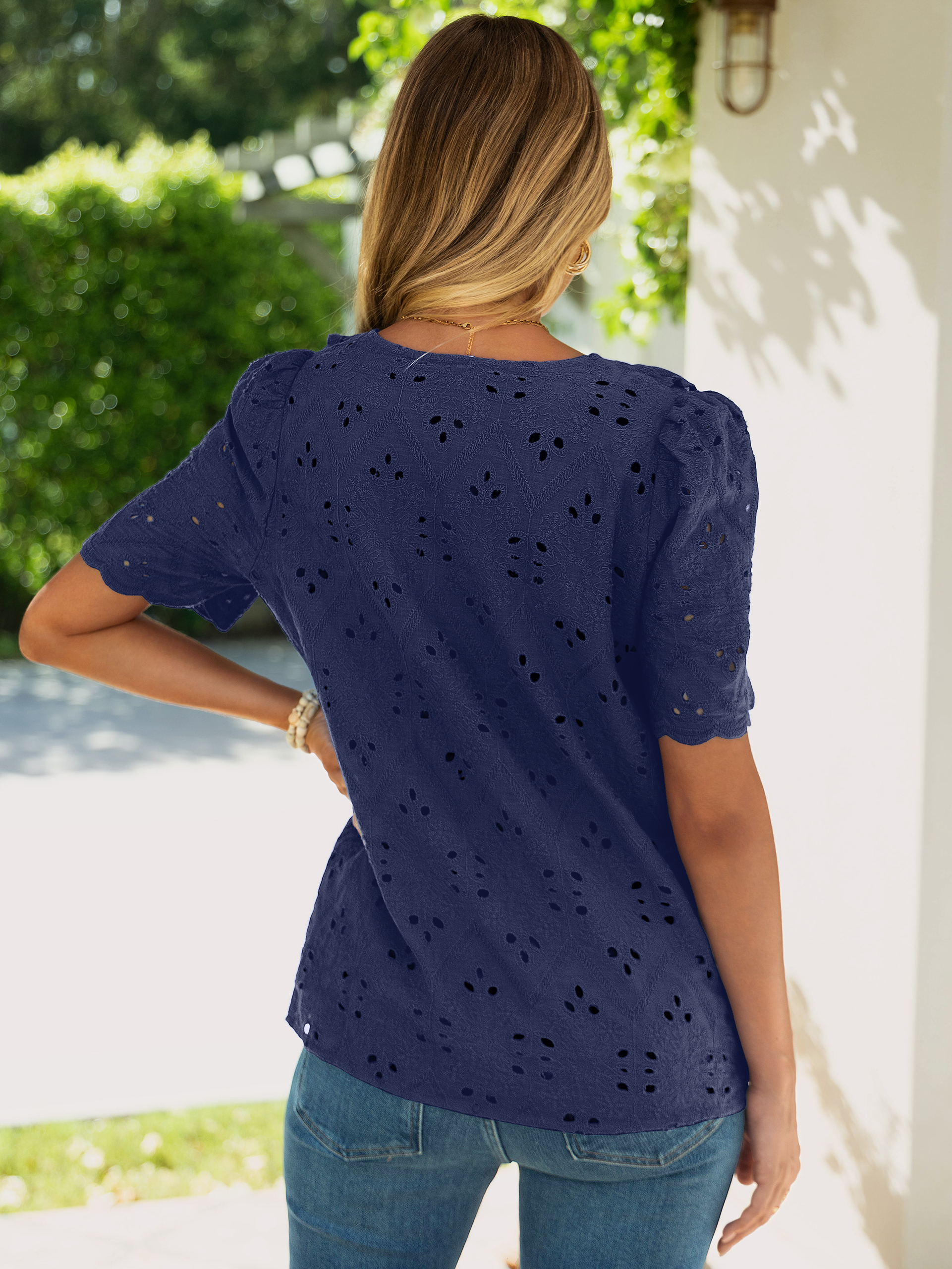 Eyelet Embroidery V-Neck Ruffle Trim Top