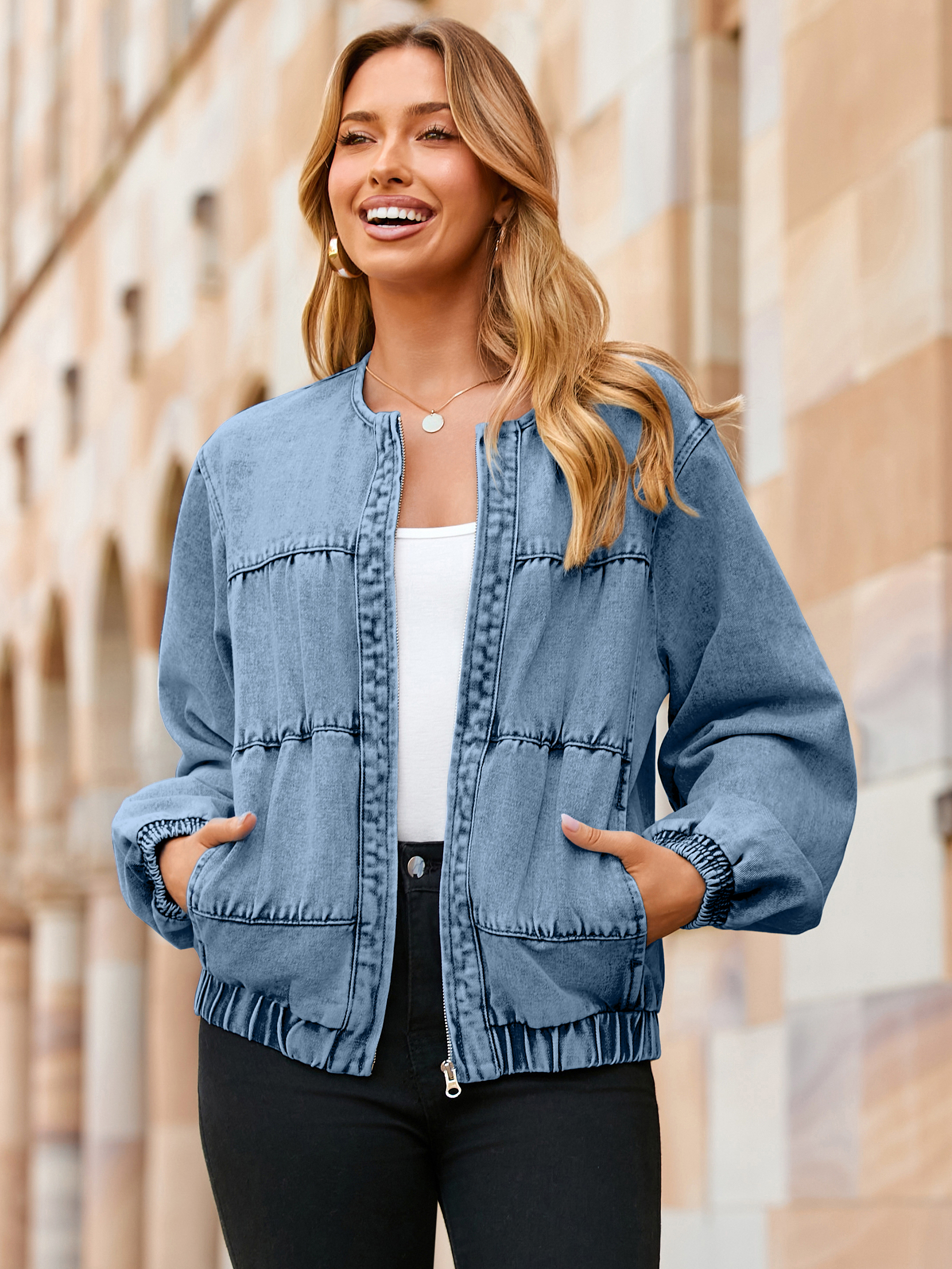Loose Fit Zip Up Denim Bomber Jacket