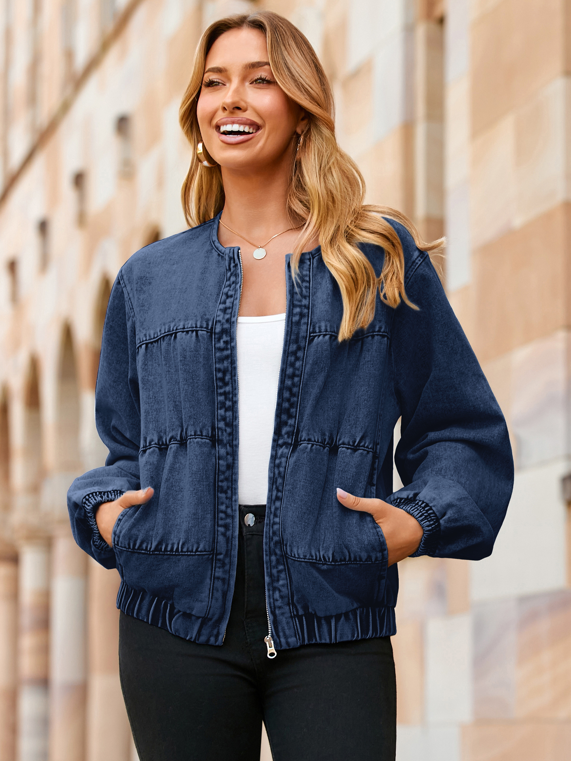 Loose Fit Zip Up Denim Bomber Jacket