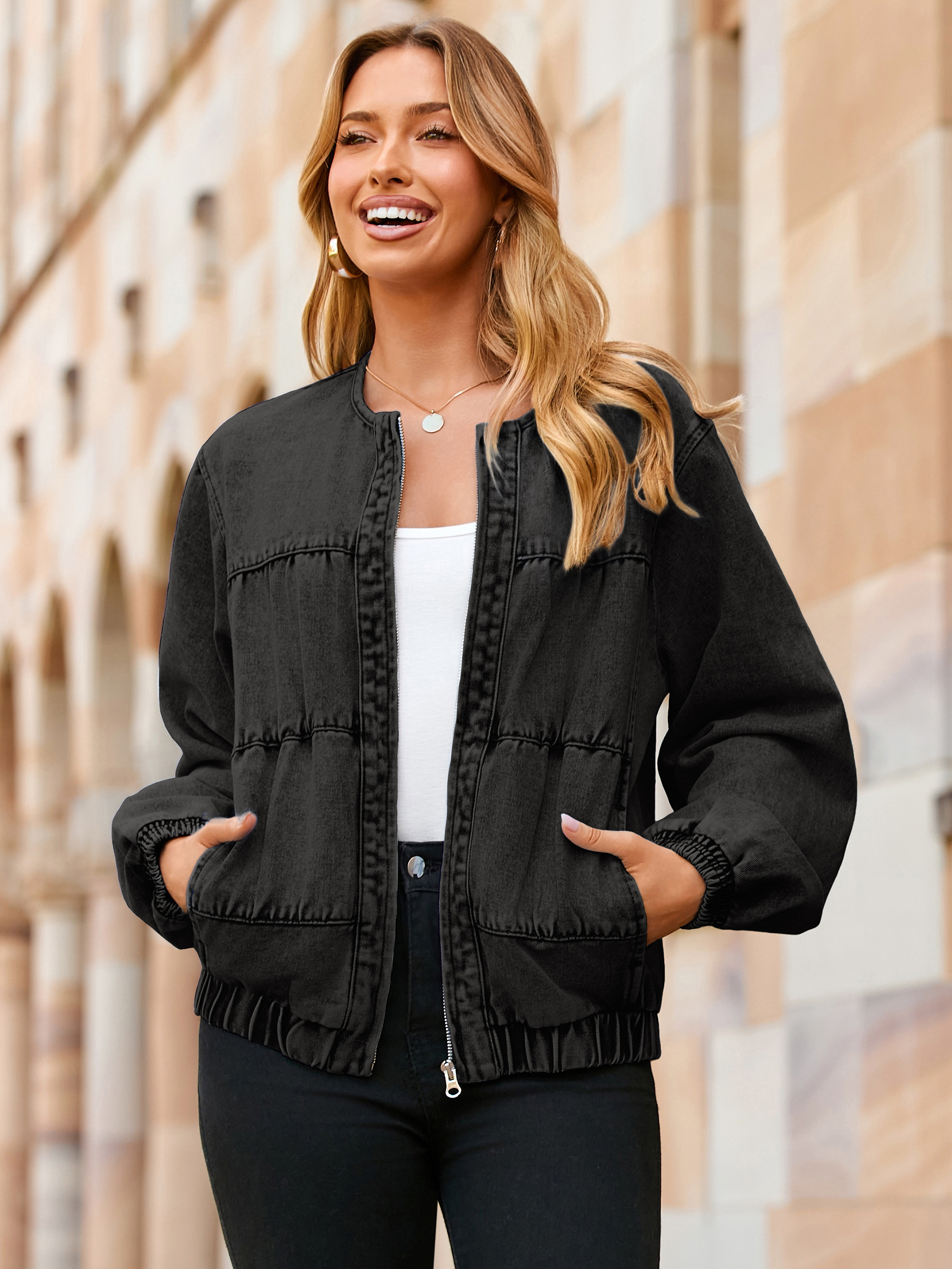 Loose Fit Zip Up Denim Bomber Jacket