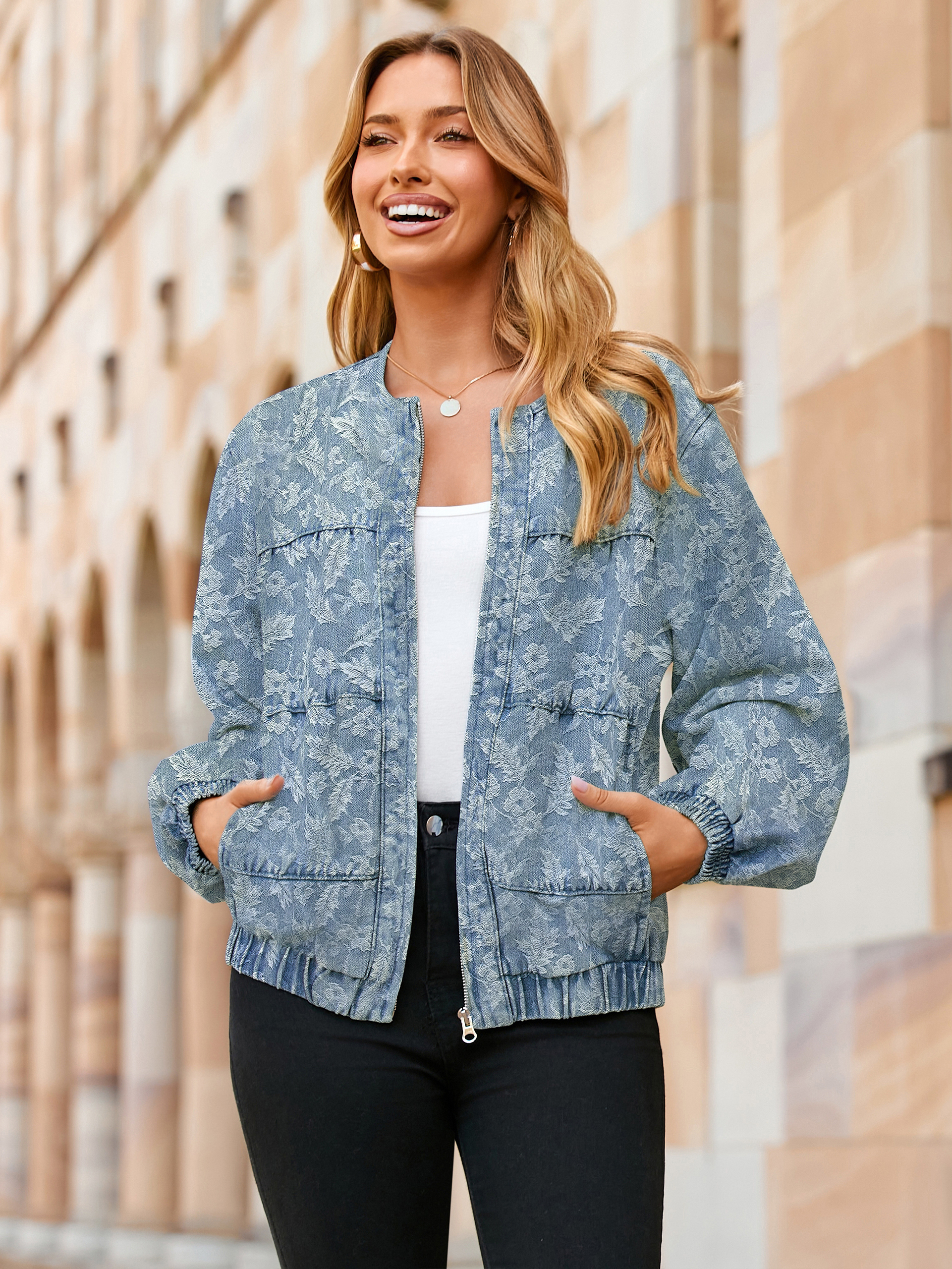 Loose Fit Zip Up Denim Bomber Jacket