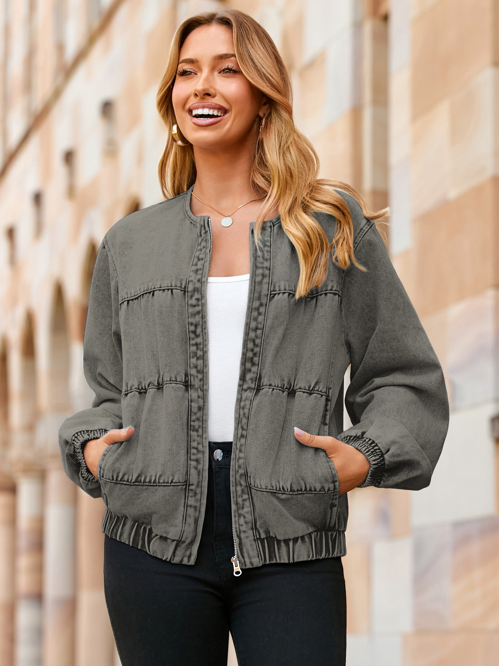 Loose Fit Zip Up Denim Bomber Jacket