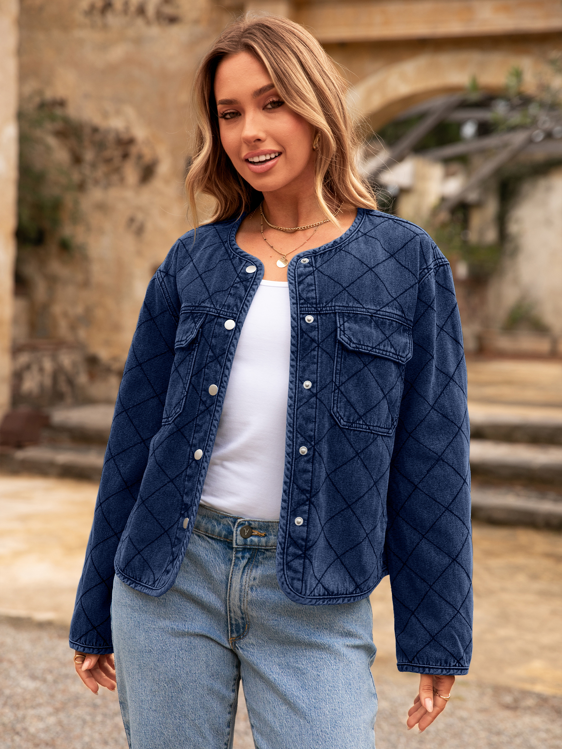 Button Crew Neck Quilted Diamond Denim Jacket
