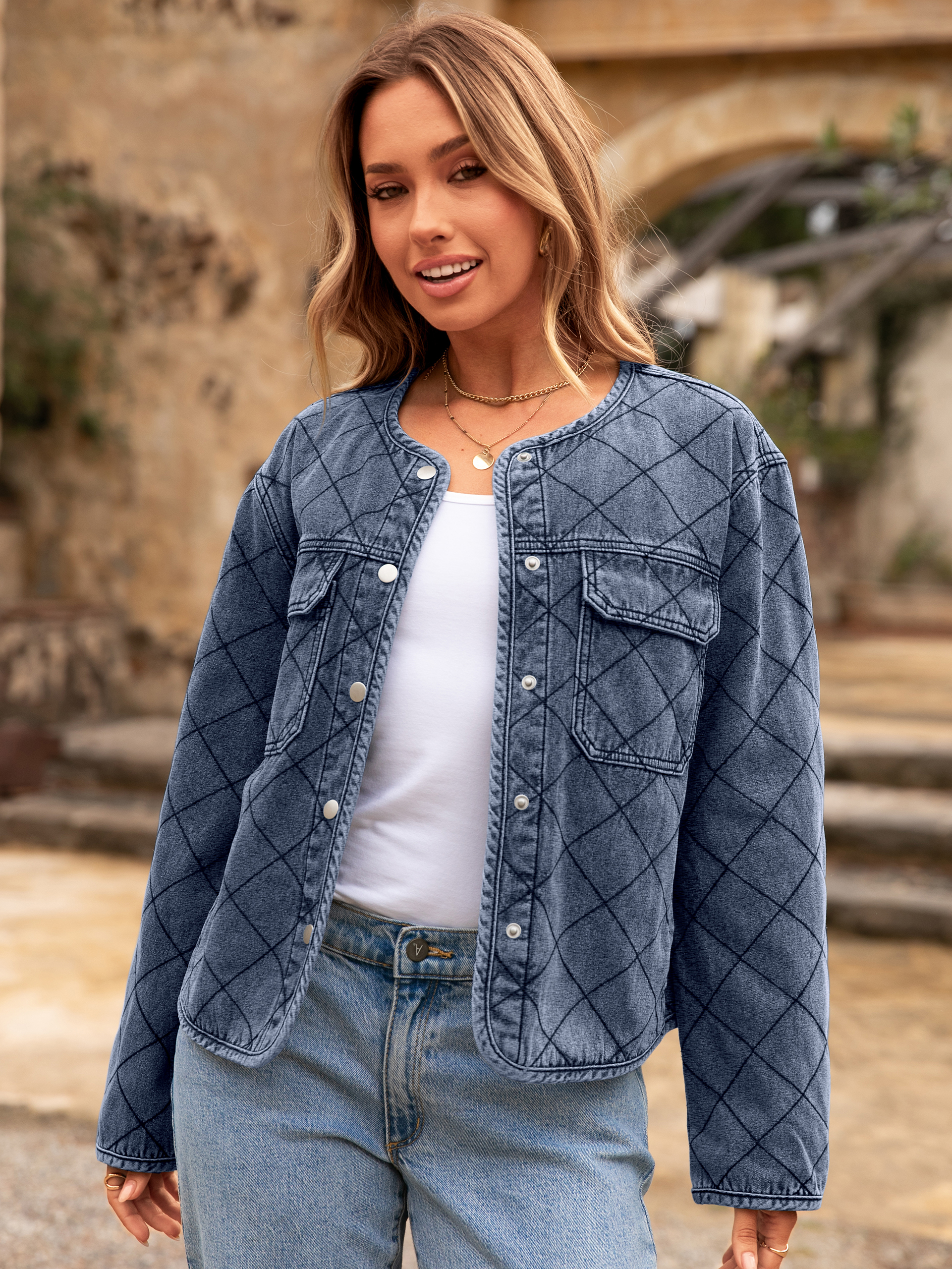 Button Crew Neck Quilted Diamond Denim Jacket