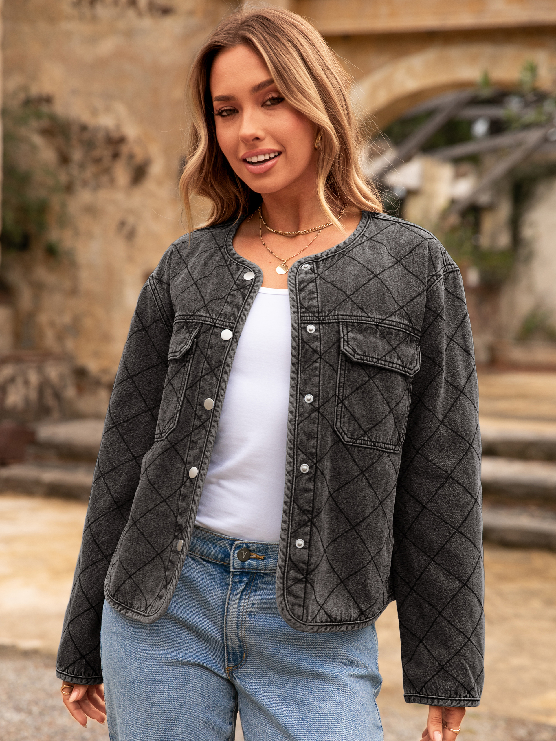 Button Crew Neck Quilted Diamond Denim Jacket