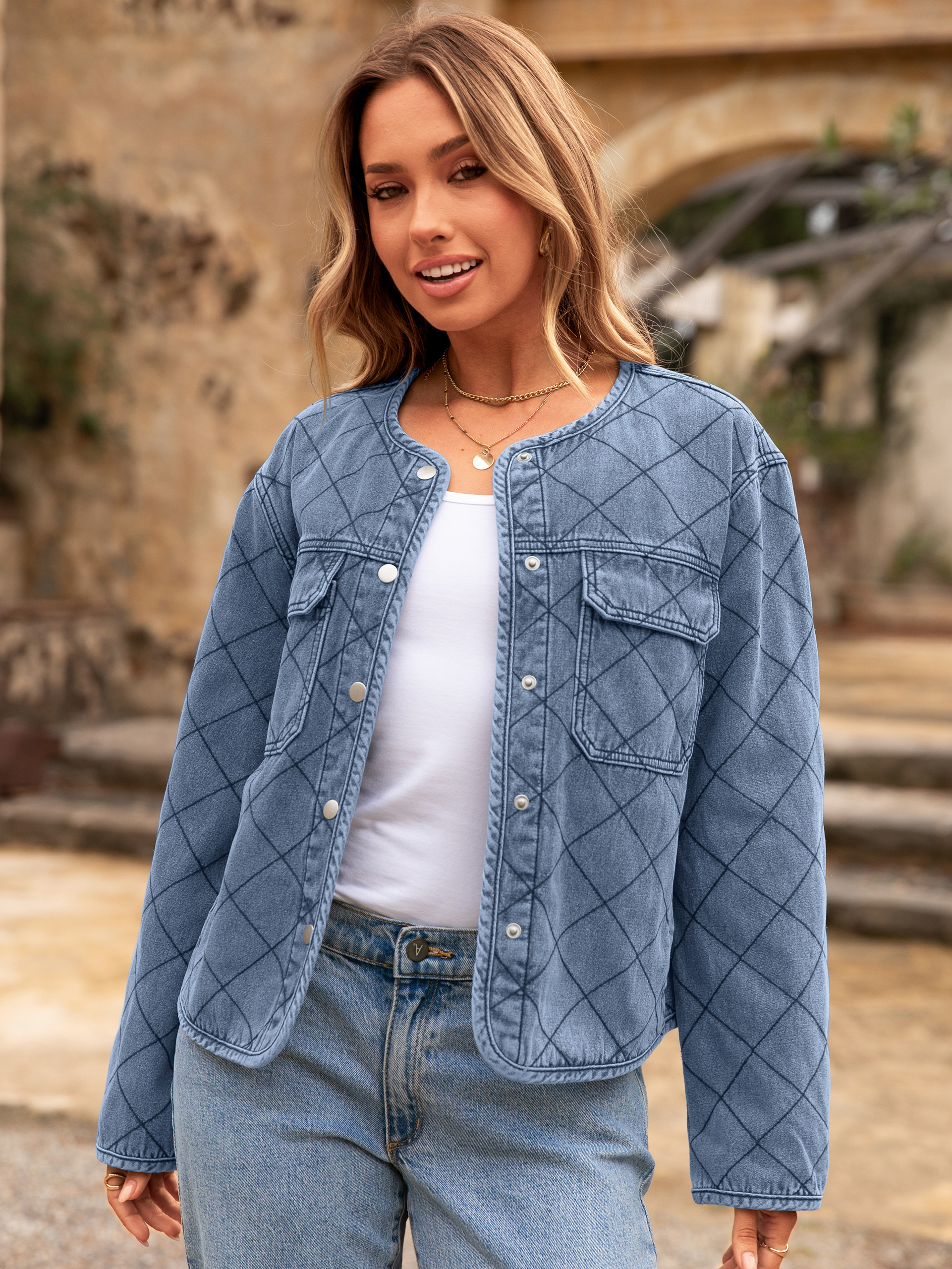 Button Crew Neck Quilted Diamond Denim Jacket